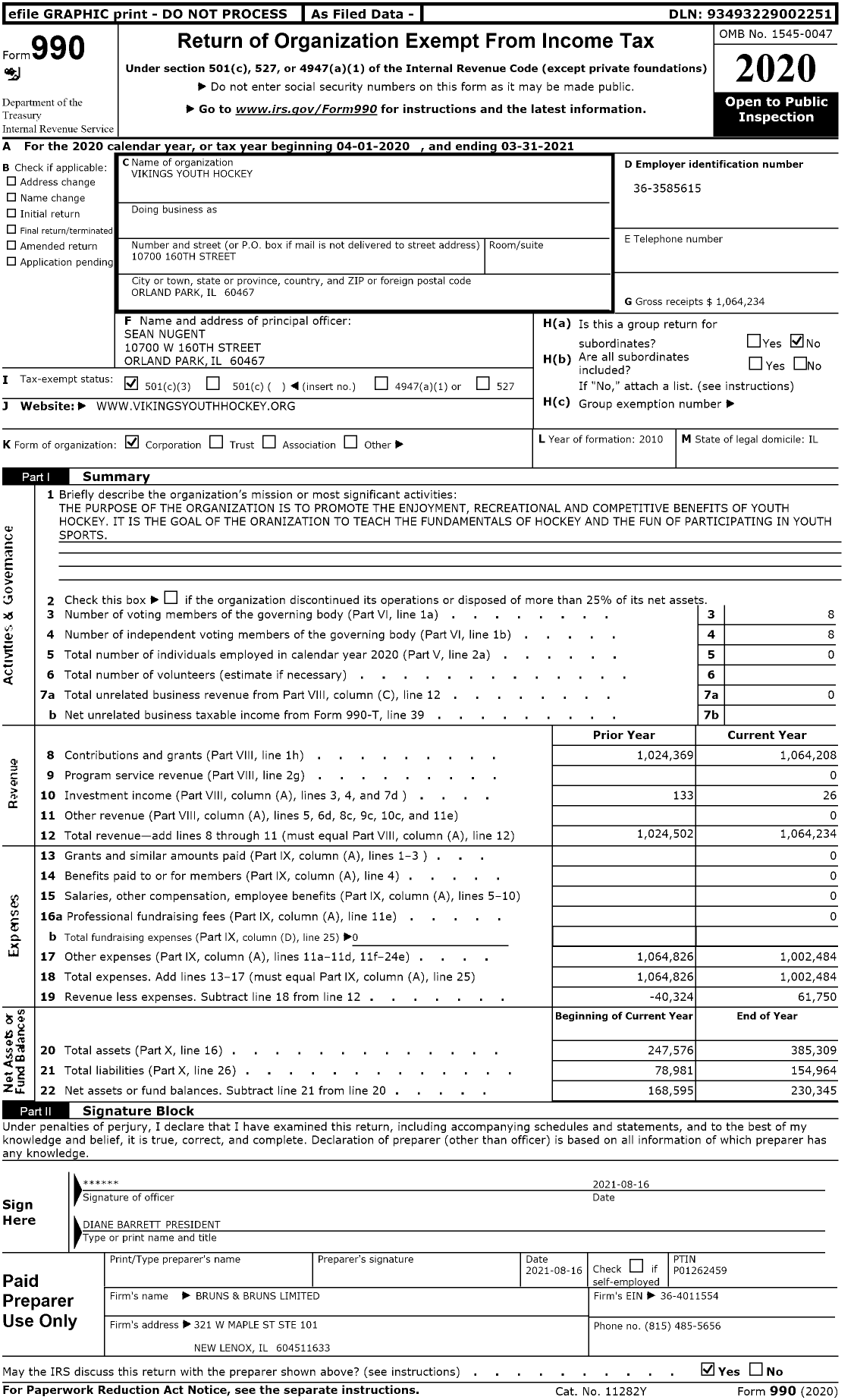 Image of first page of 2020 Form 990 for Vikings Youth Hockey