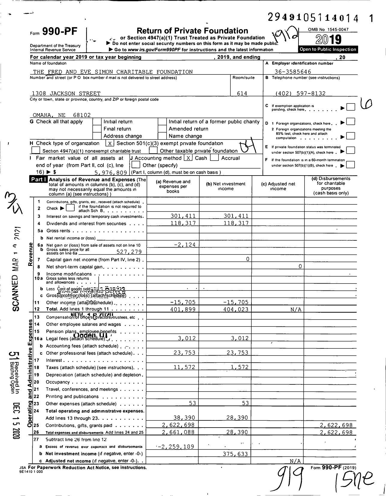 Image of first page of 2019 Form 990PF for The Fred and Eve Simon Charitable Foundation
