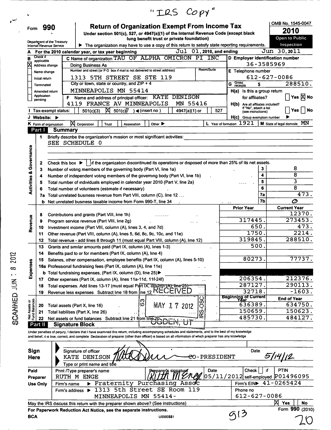 Image of first page of 2010 Form 990O for Tau