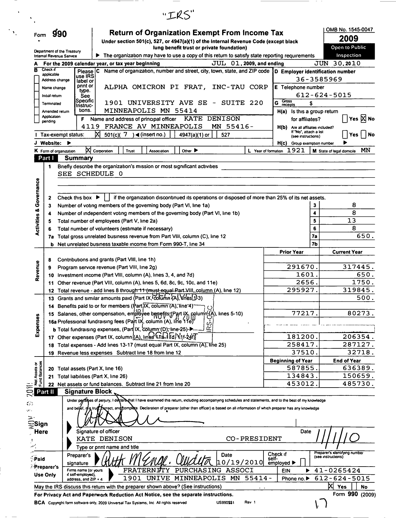 Image of first page of 2009 Form 990O for Tau