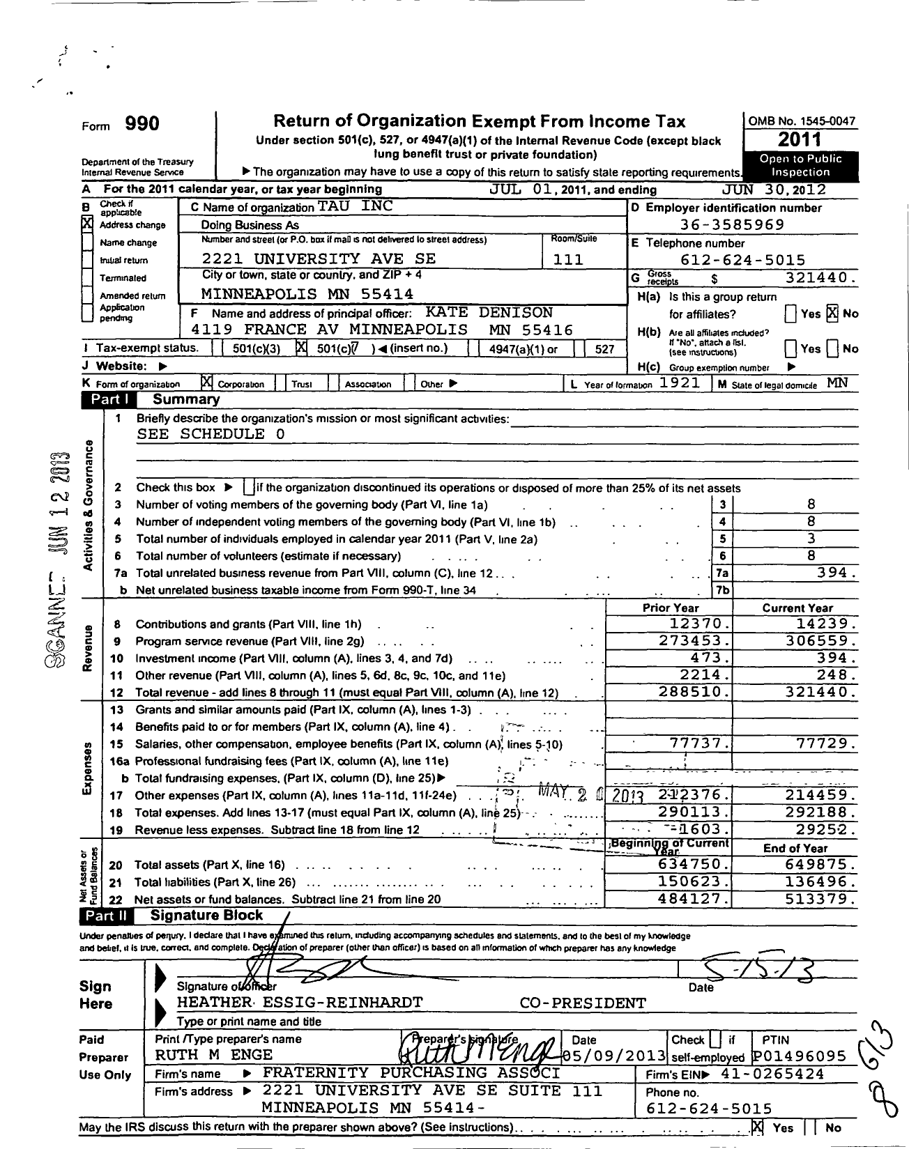 Image of first page of 2011 Form 990O for Tau