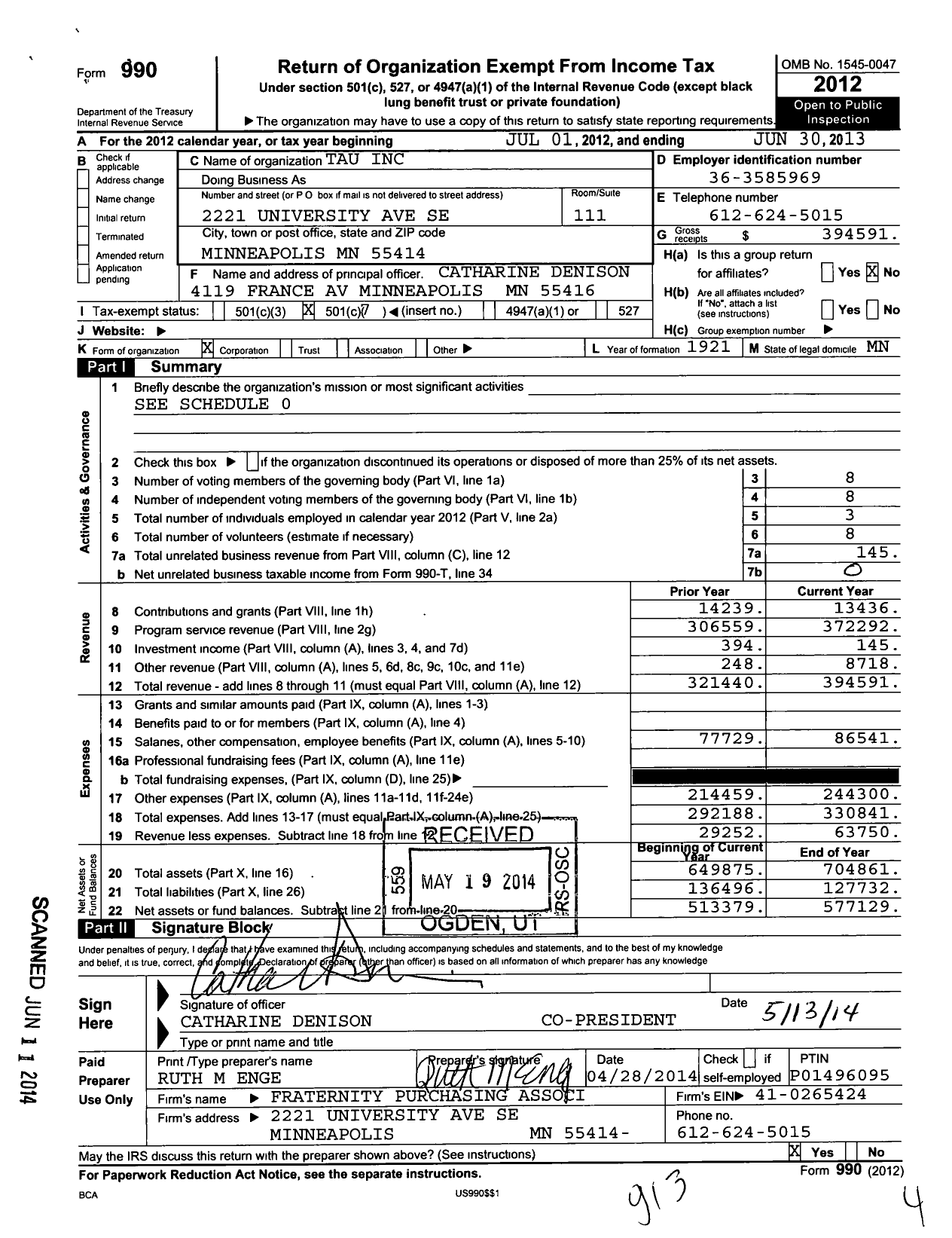 Image of first page of 2012 Form 990O for Tau