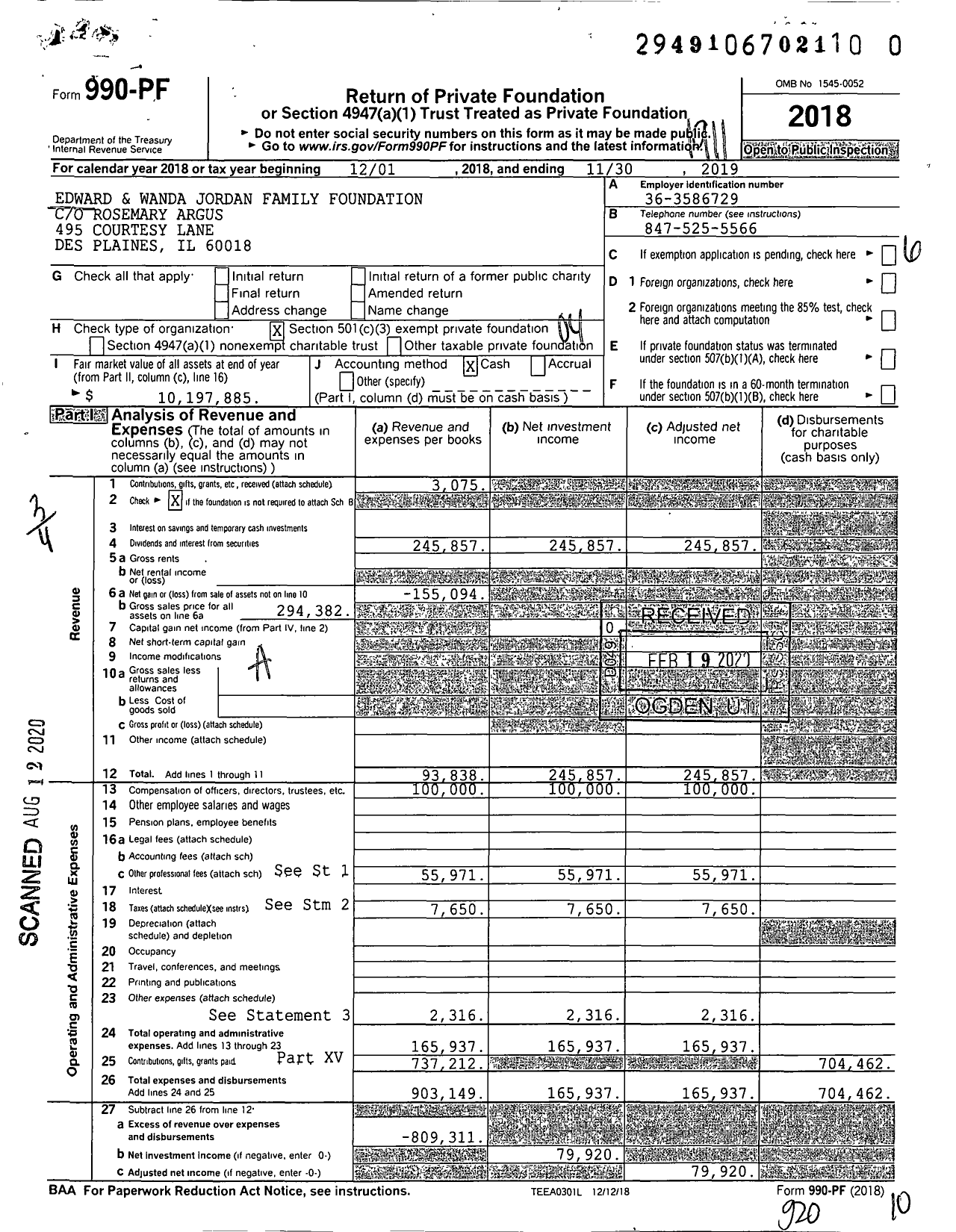 Image of first page of 2018 Form 990PR for Edward and Wanda Jordan Family Foundation