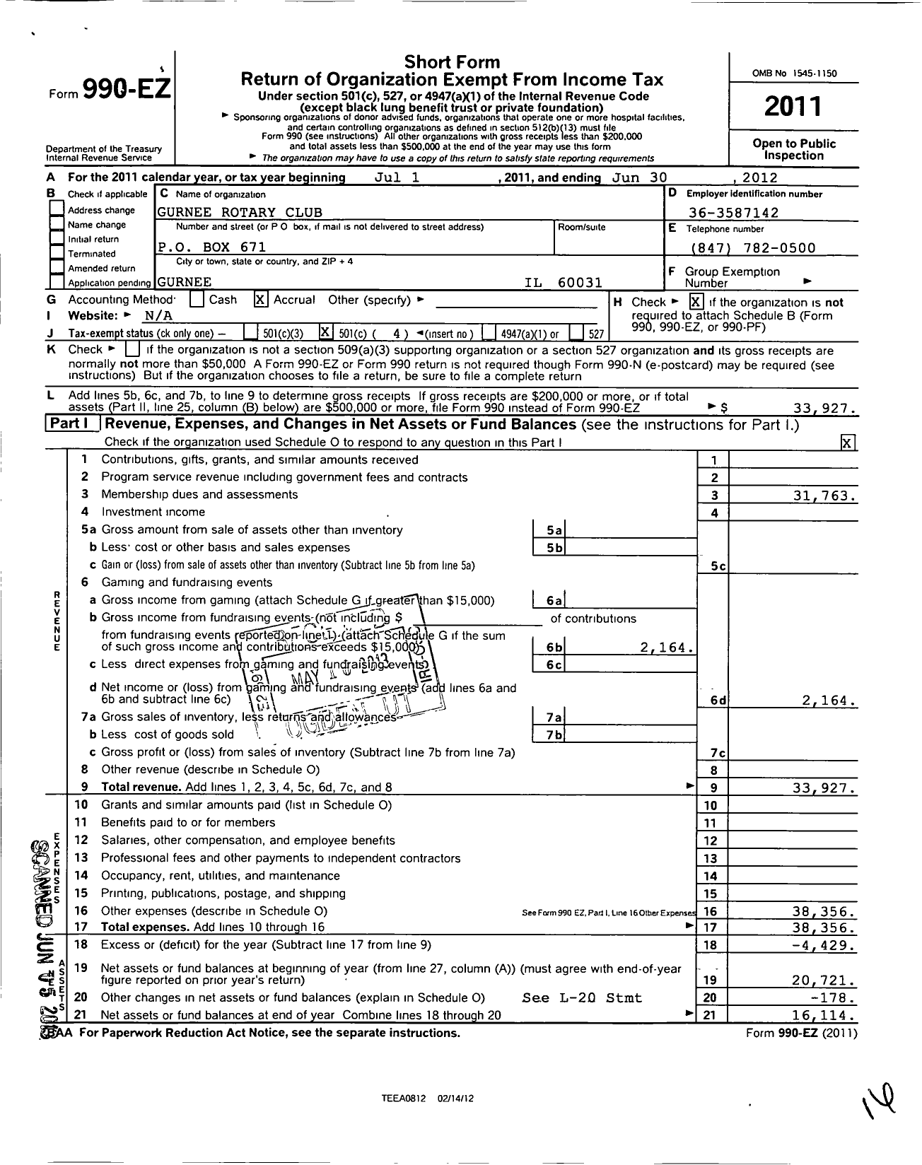 Image of first page of 2011 Form 990EO for Rotary International - Rotary Club of Gurnee