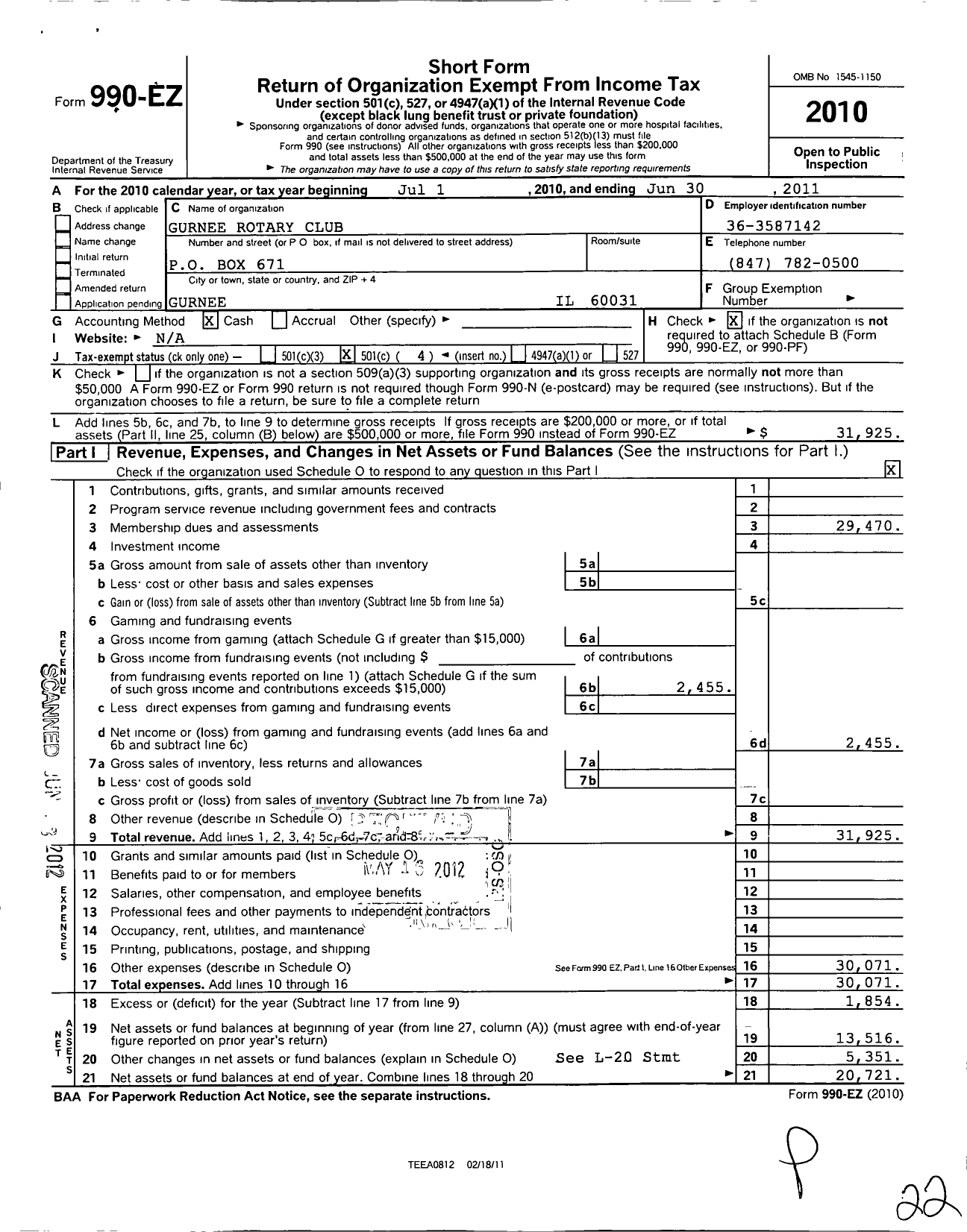 Image of first page of 2010 Form 990EO for Rotary International - Rotary Club of Gurnee