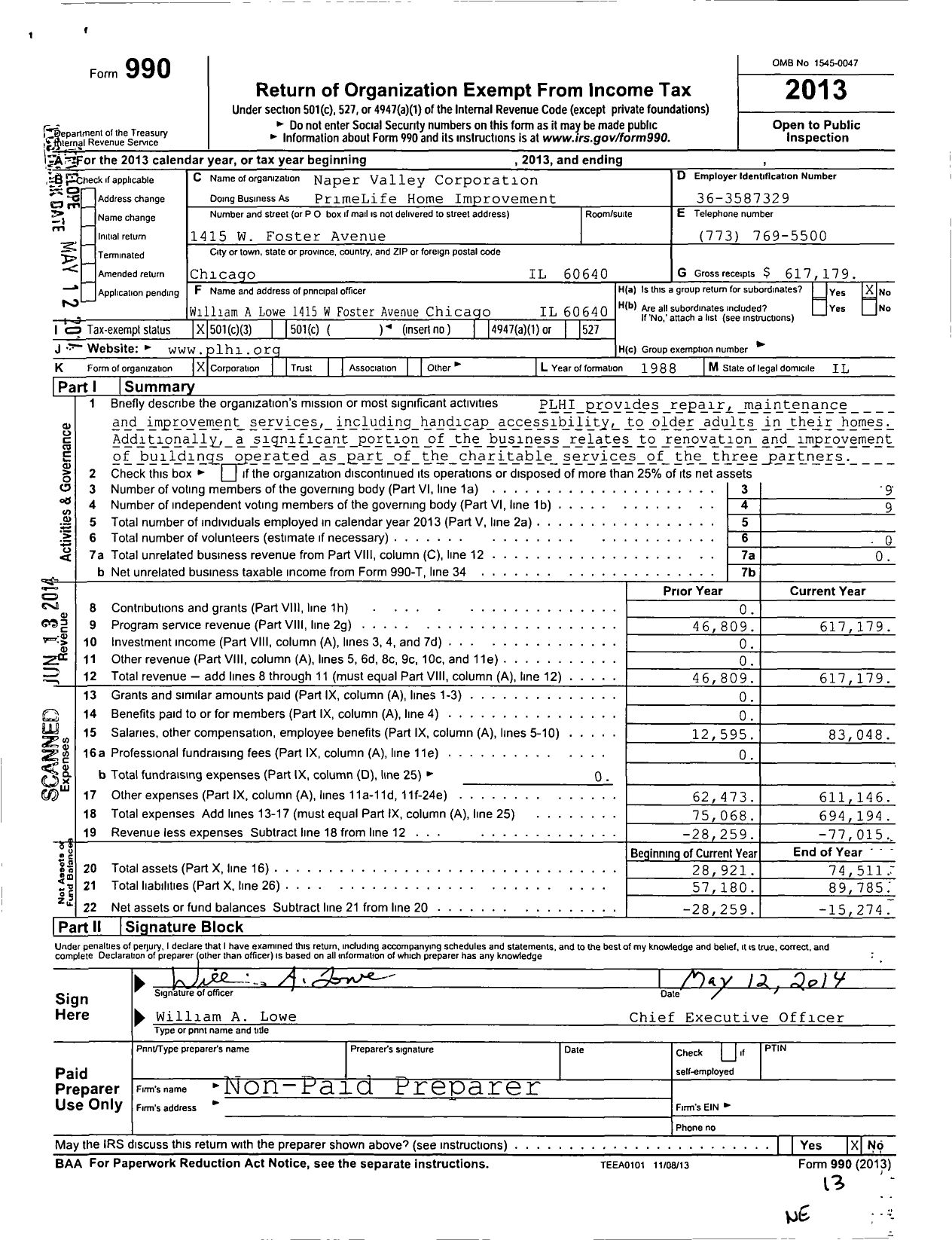 Image of first page of 2013 Form 990 for Naper Valley Corporation