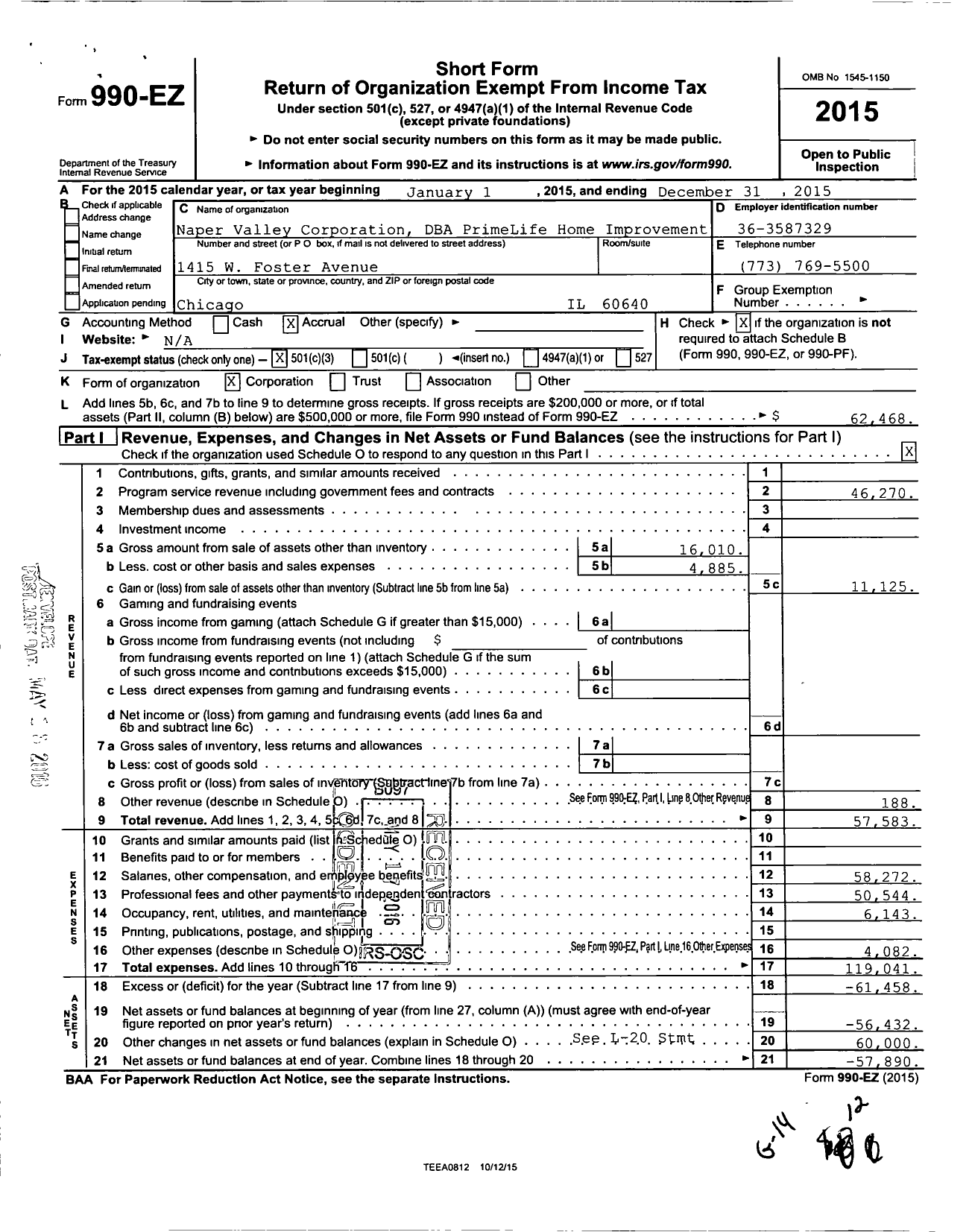 Image of first page of 2015 Form 990EZ for Naper Valley Corporation