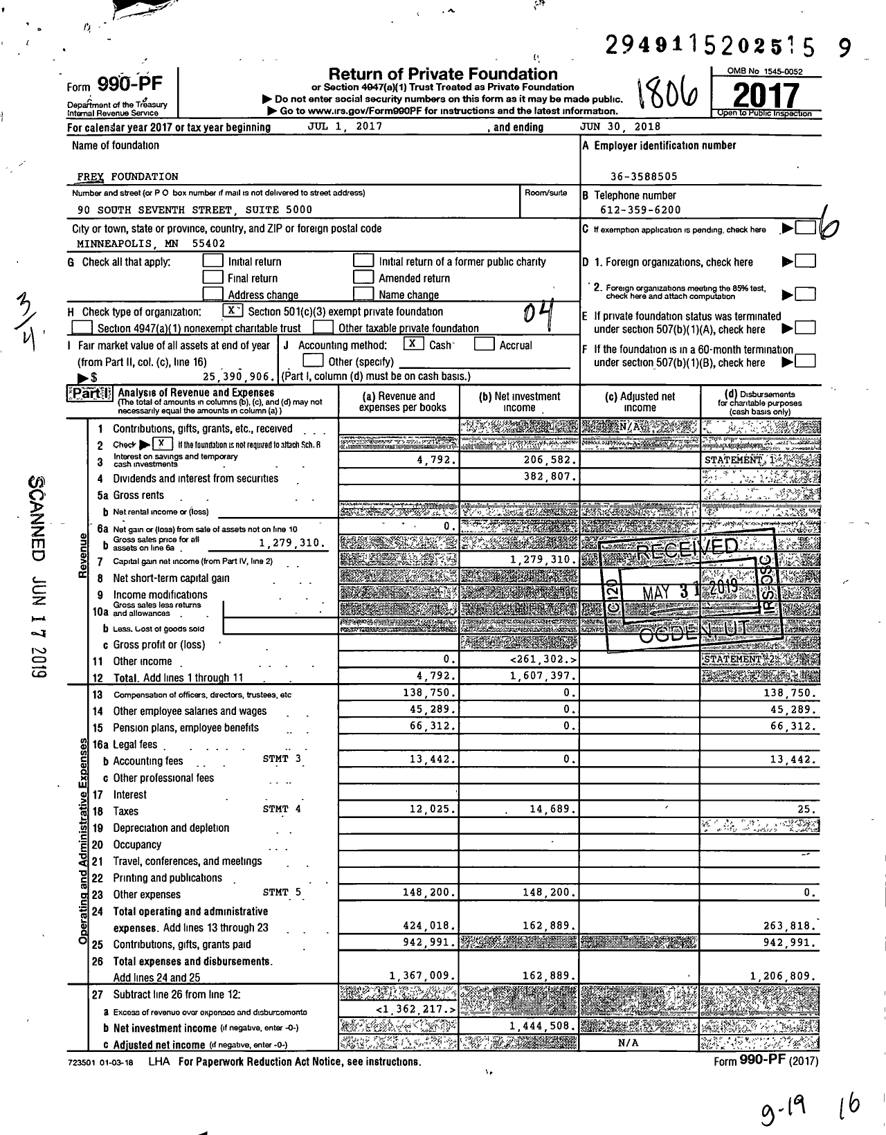 Image of first page of 2017 Form 990PF for Frey Foundation