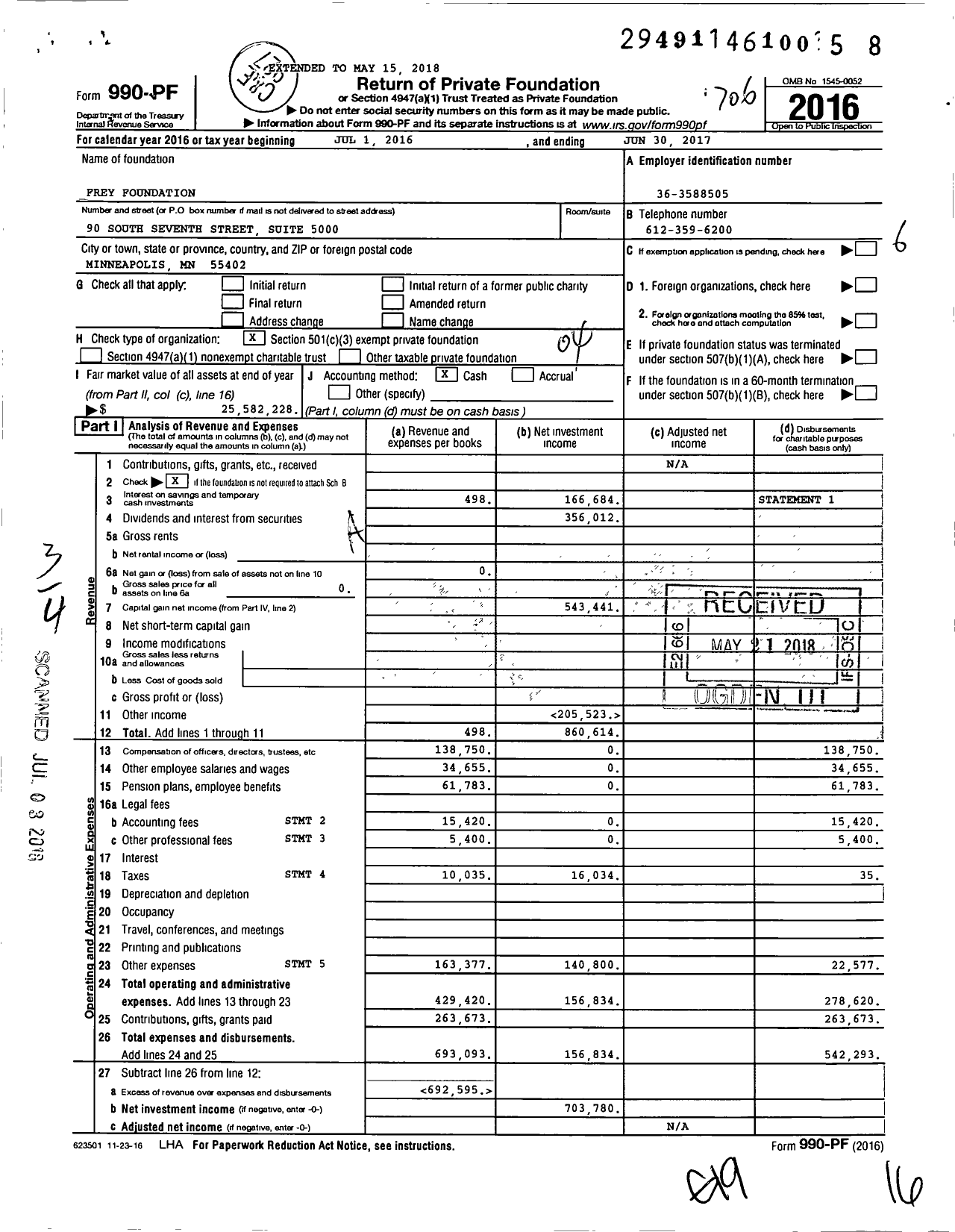 Image of first page of 2016 Form 990PF for Frey Foundation
