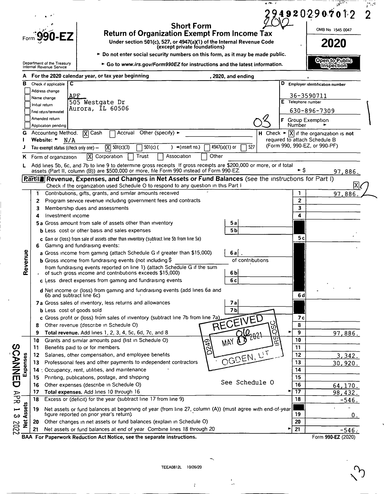 Image of first page of 2020 Form 990EZ for American Powerlifting Federation (APF)