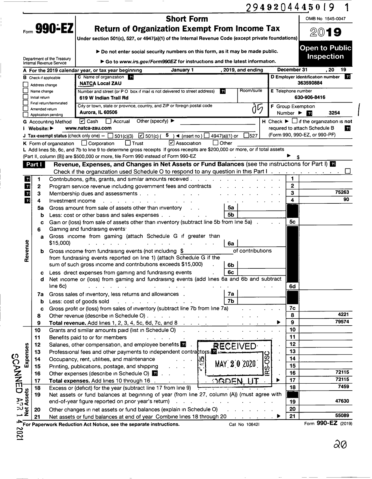 Image of first page of 2019 Form 990EO for National Air Traffic Controllers Association / Zau Local