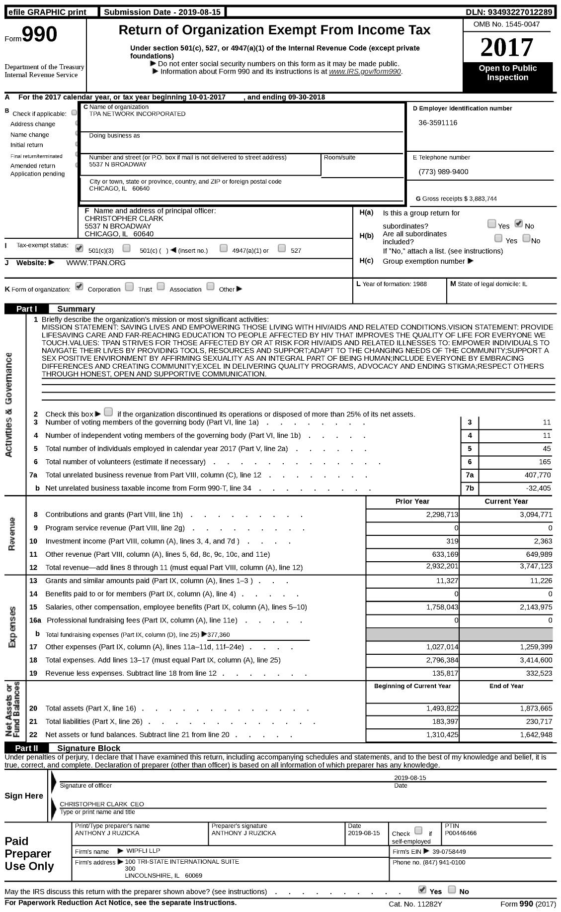 Image of first page of 2017 Form 990 for Test Positive Aware Network (TPAN)