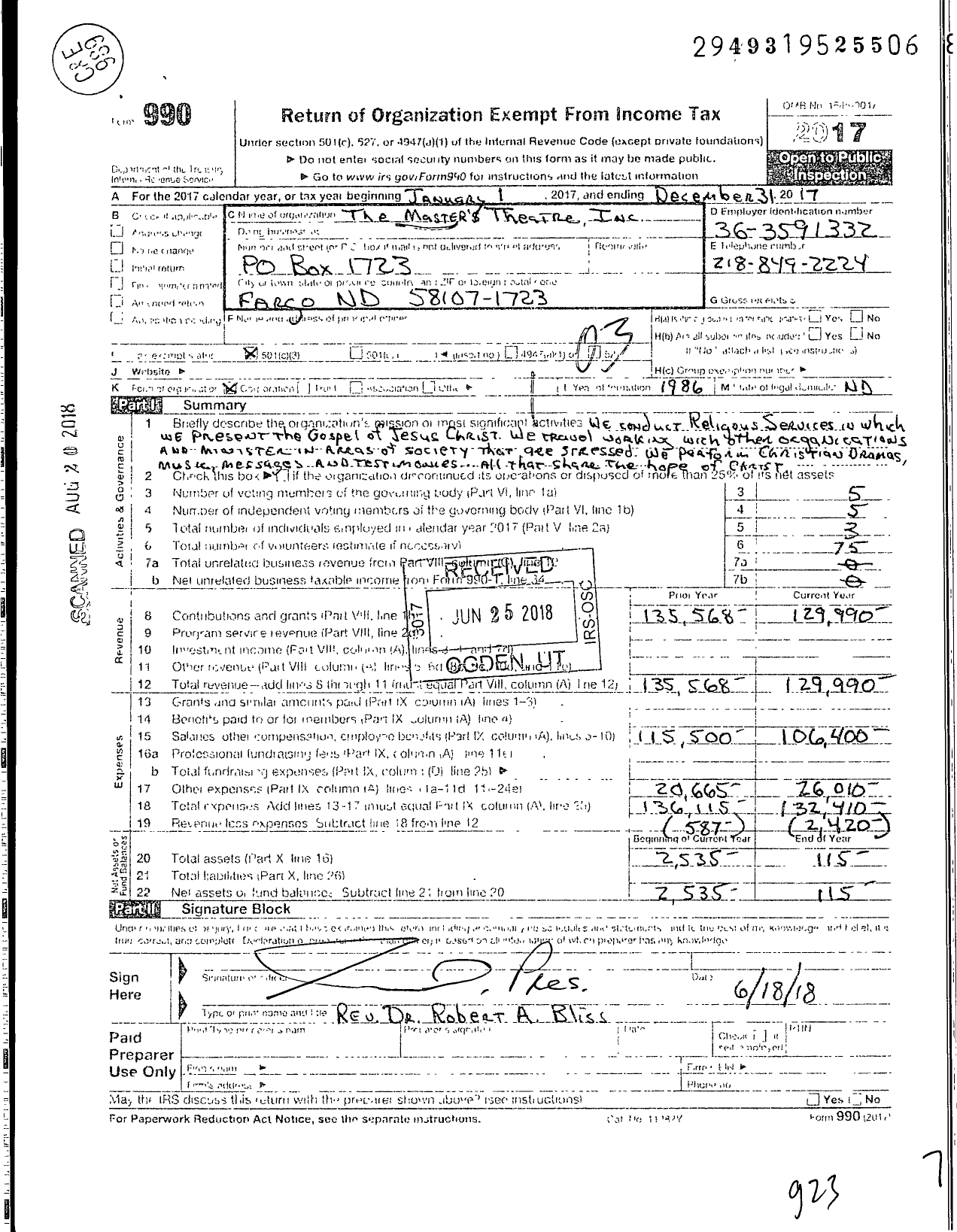 Image of first page of 2017 Form 990 for The Masters Theatre
