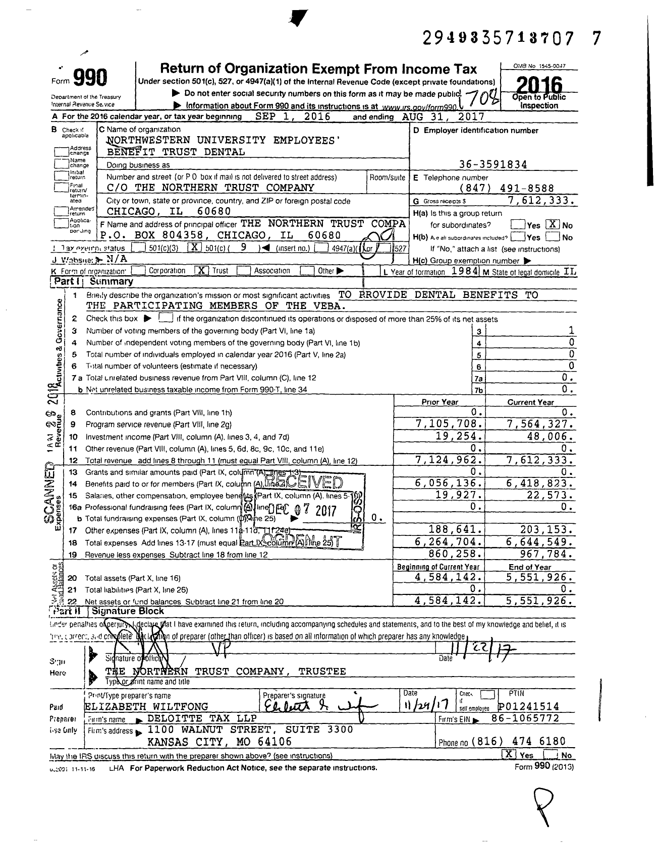 Image of first page of 2016 Form 990O for Northwestern University Employees Benefit Trust Dental