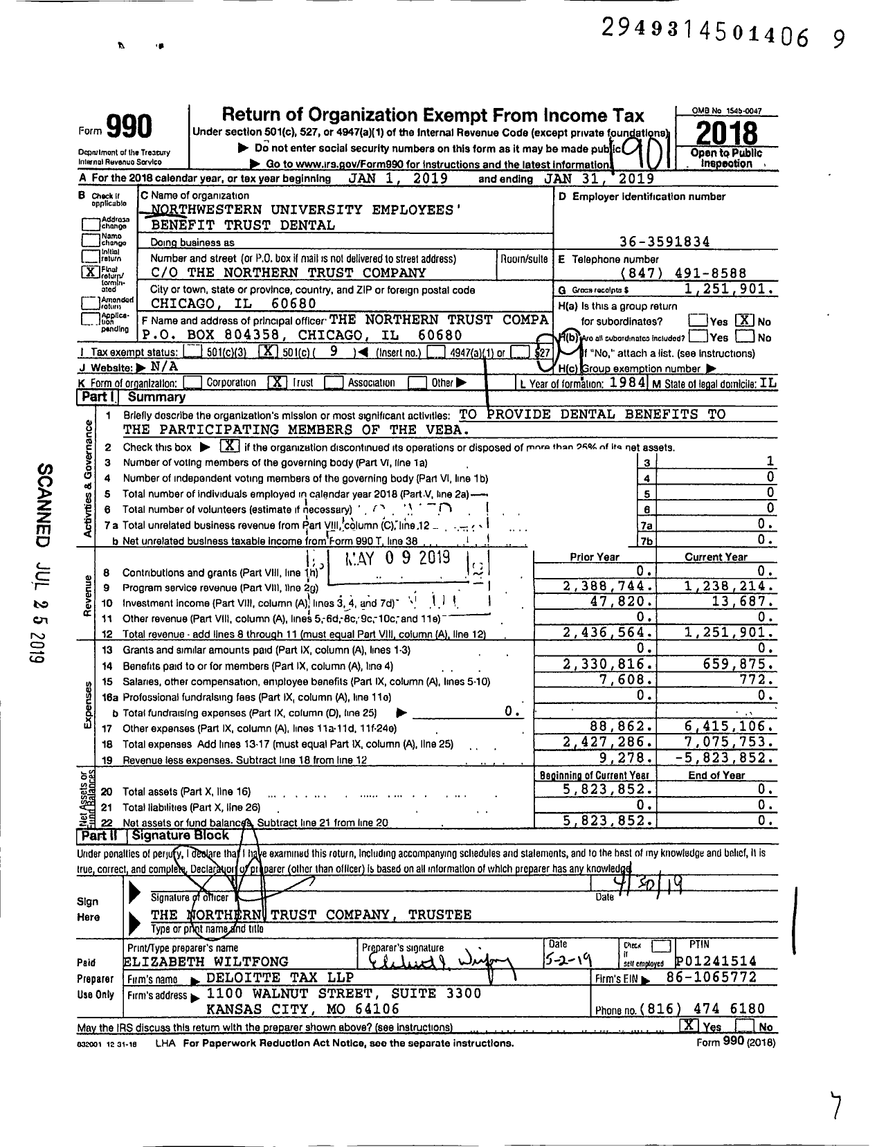 Image of first page of 2018 Form 990O for Northwestern University Employees Benefit Trust Dental