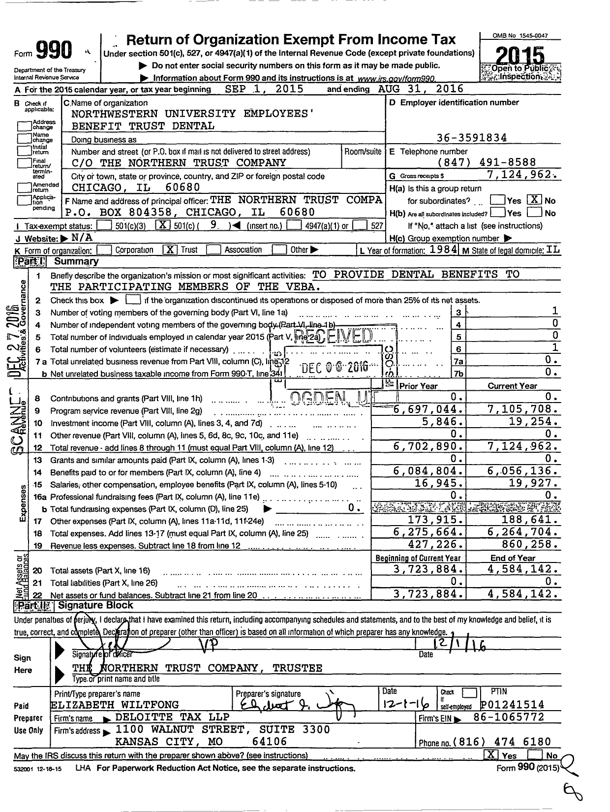 Image of first page of 2015 Form 990O for Northwestern University Employees Benefit Trust Dental