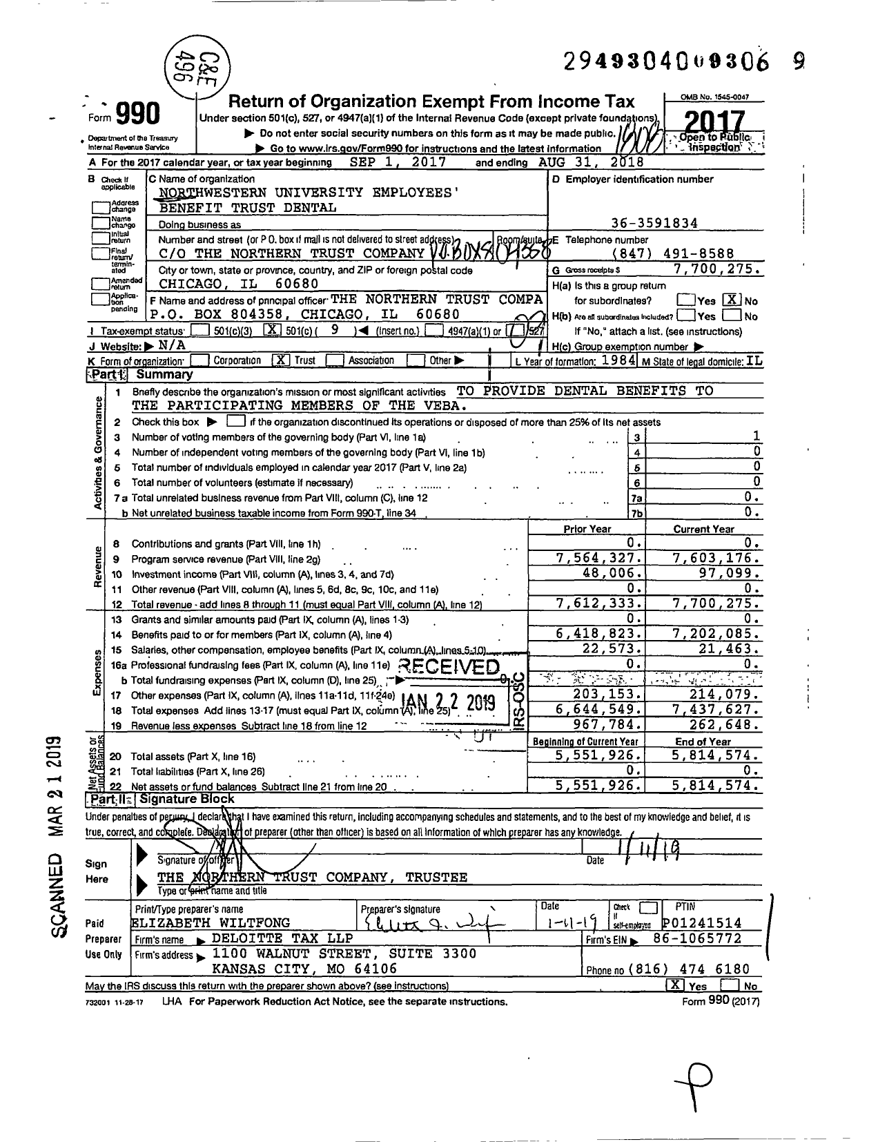 Image of first page of 2017 Form 990O for Northwestern University Employees Benefit Trust Dental