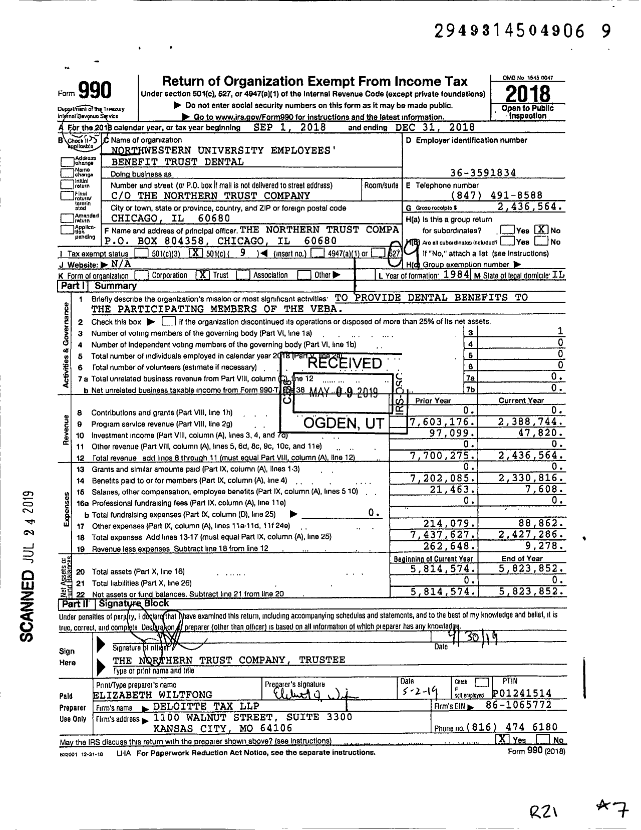 Image of first page of 2018 Form 990O for Northwestern University Employees Benefit Trust Dental