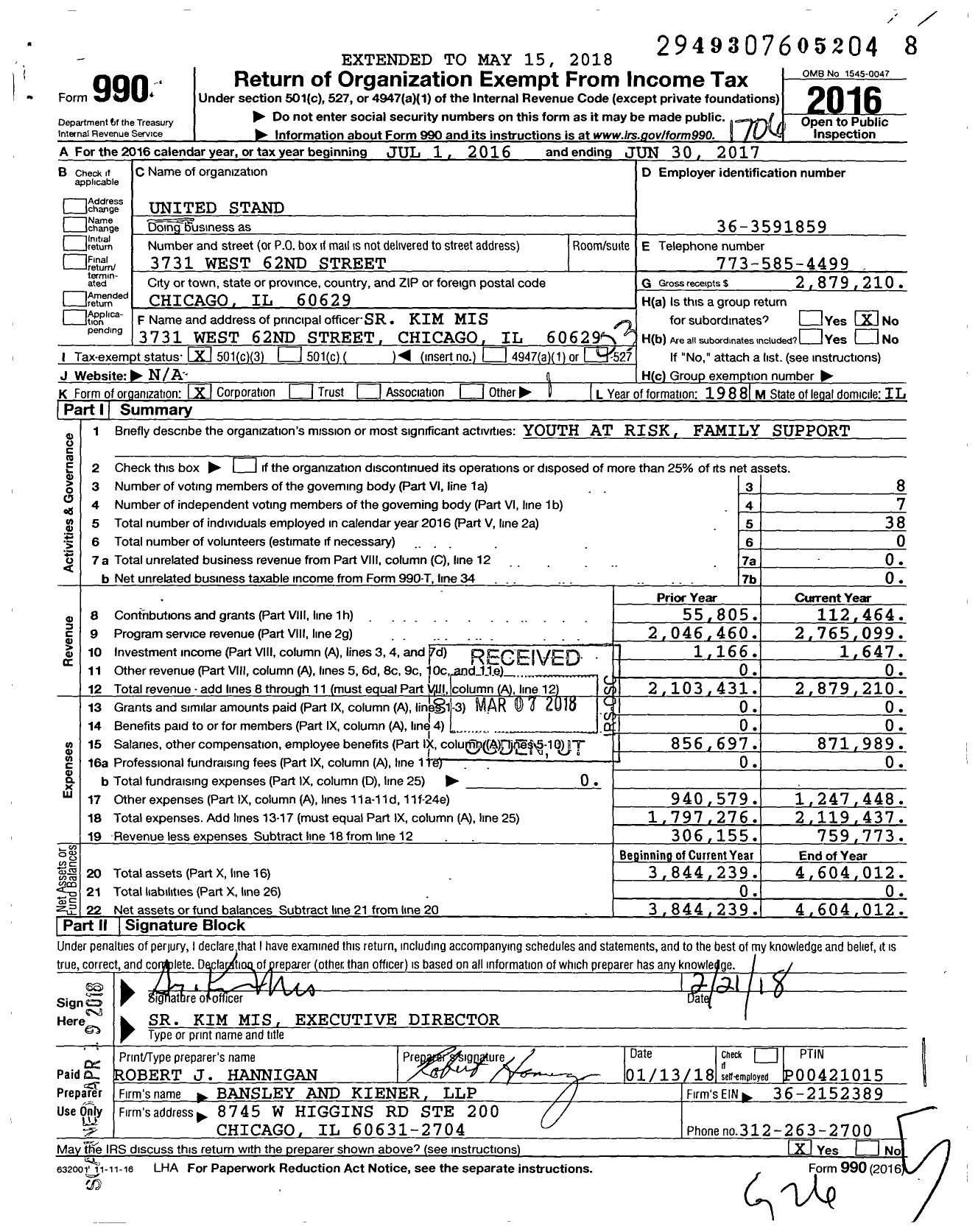 Image of first page of 2016 Form 990 for United Stand