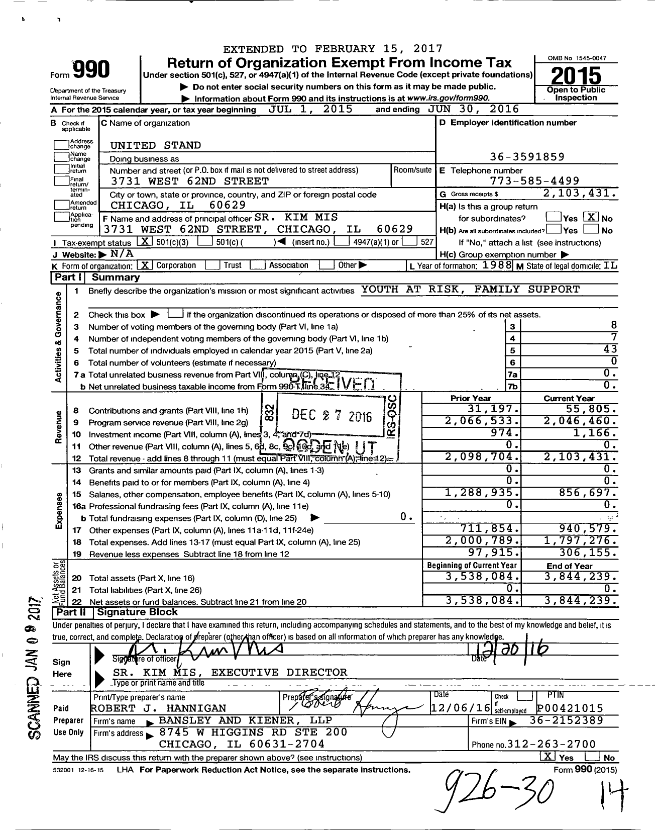 Image of first page of 2015 Form 990 for United Stand