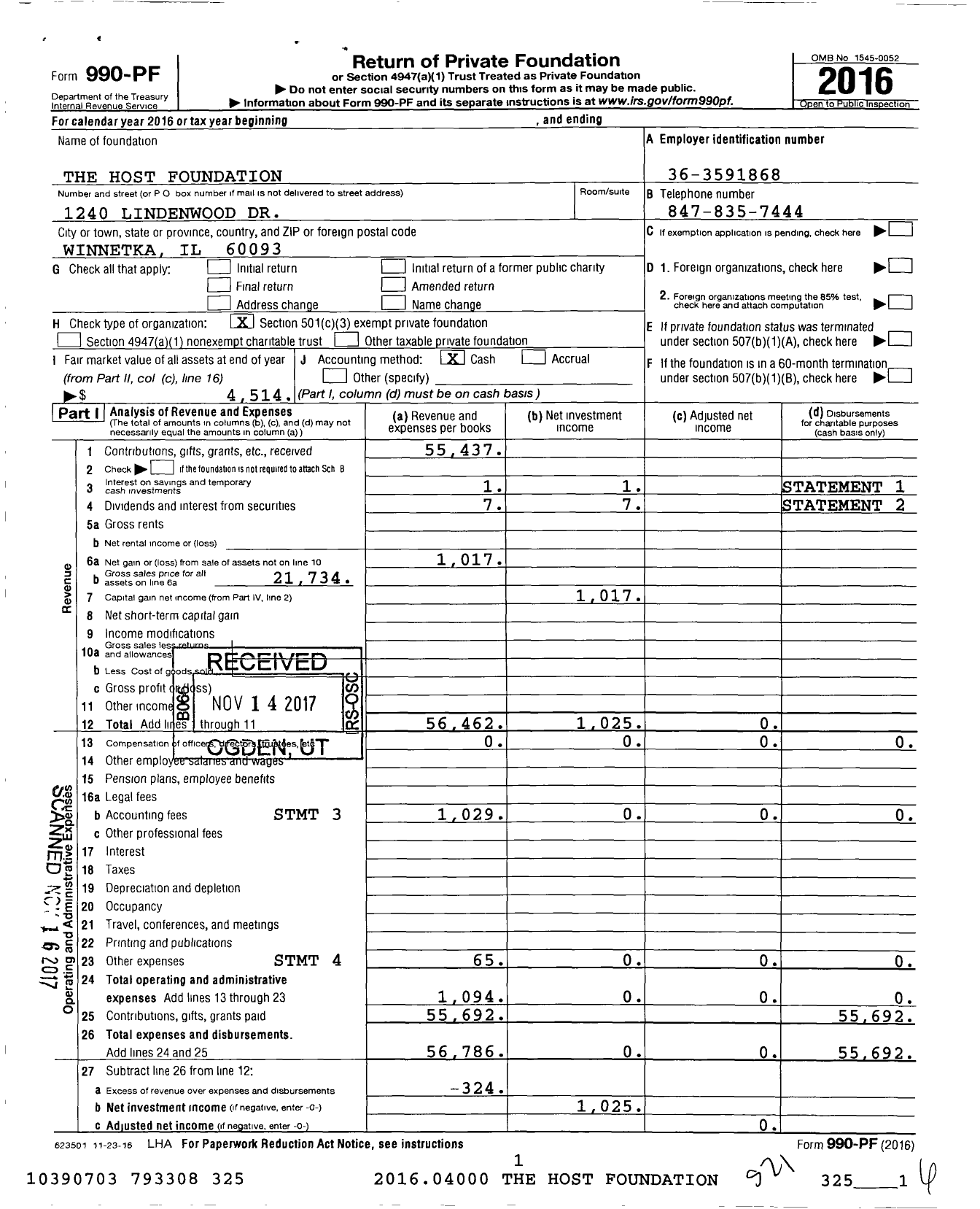 Image of first page of 2016 Form 990PF for The Host Foundation
