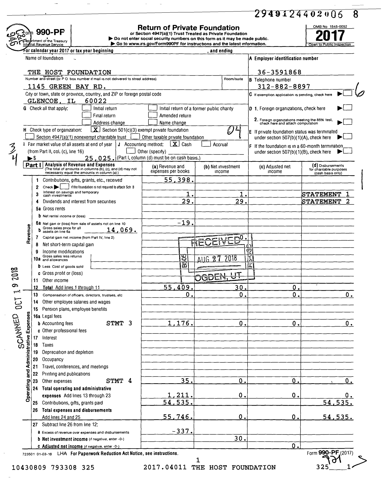 Image of first page of 2017 Form 990PF for The Host Foundation