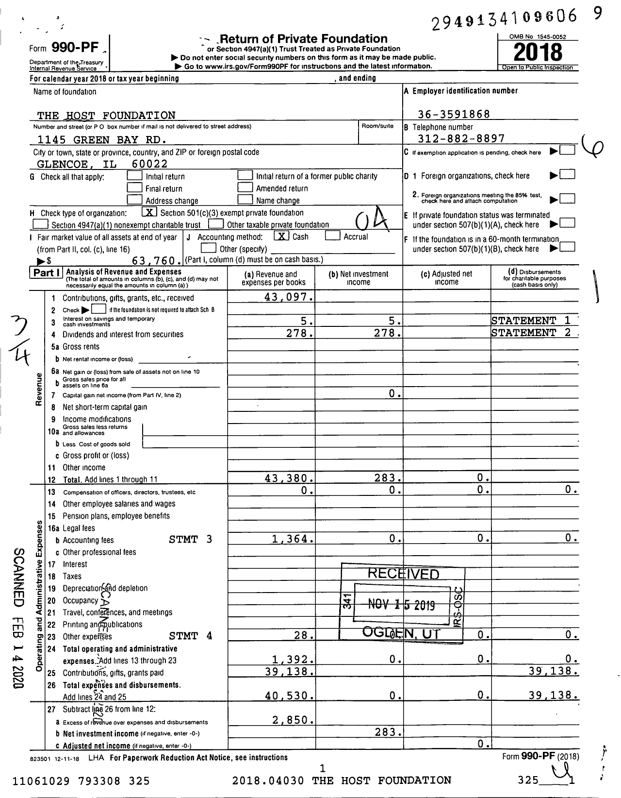 Image of first page of 2018 Form 990PF for The Host Foundation