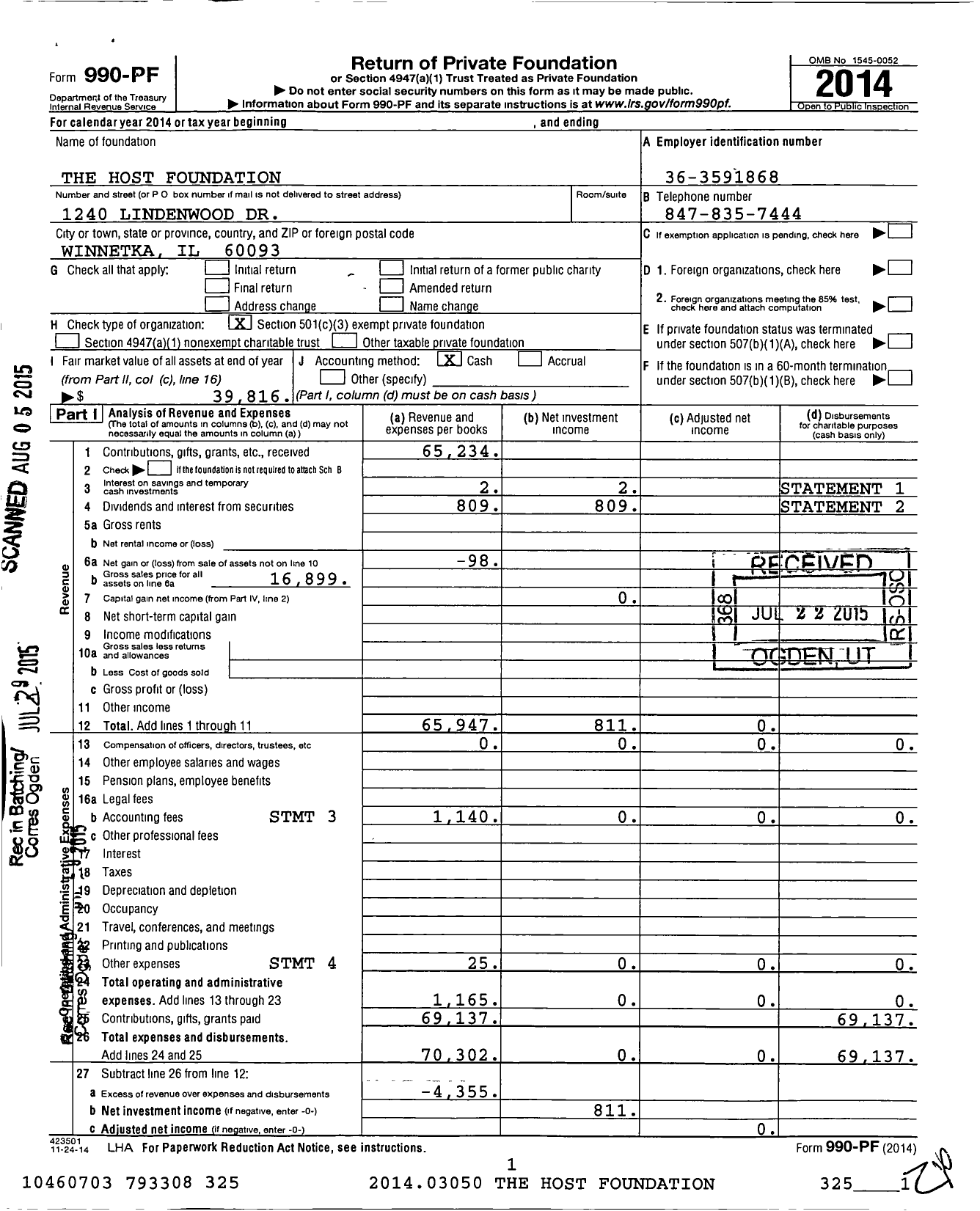 Image of first page of 2014 Form 990PF for The Host Foundation