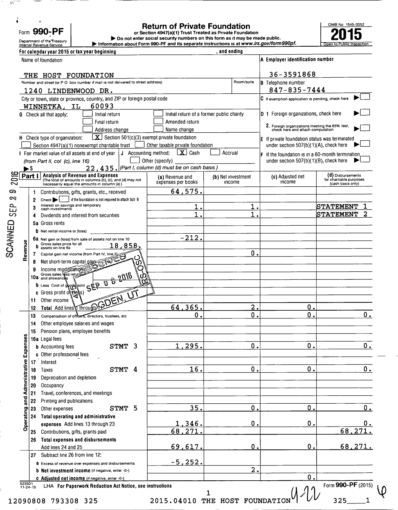 Image of first page of 2015 Form 990PF for The Host Foundation