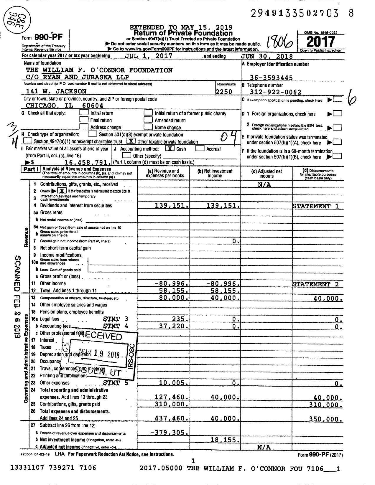 Image of first page of 2017 Form 990PF for The William F O'Connor Foundation