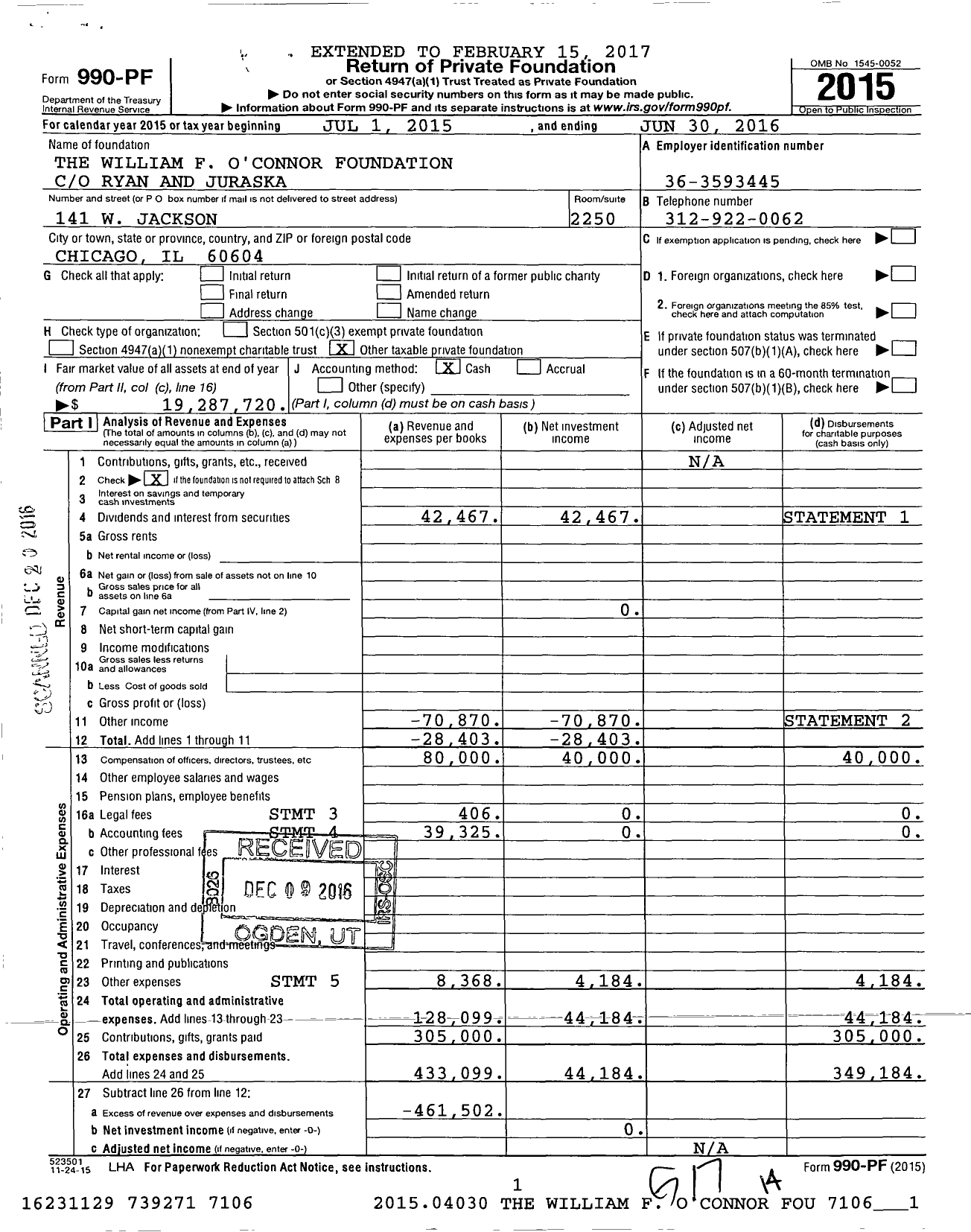 Image of first page of 2015 Form 990PF for The William F O'Connor Foundation