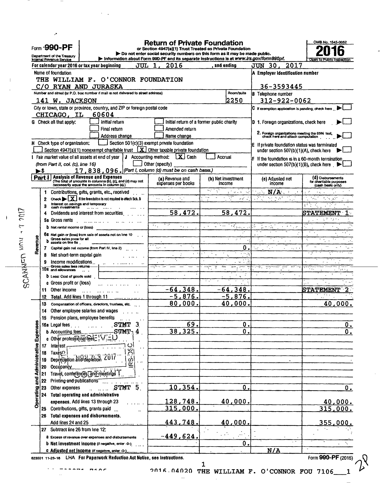 Image of first page of 2016 Form 990PF for The William F O'Connor Foundation