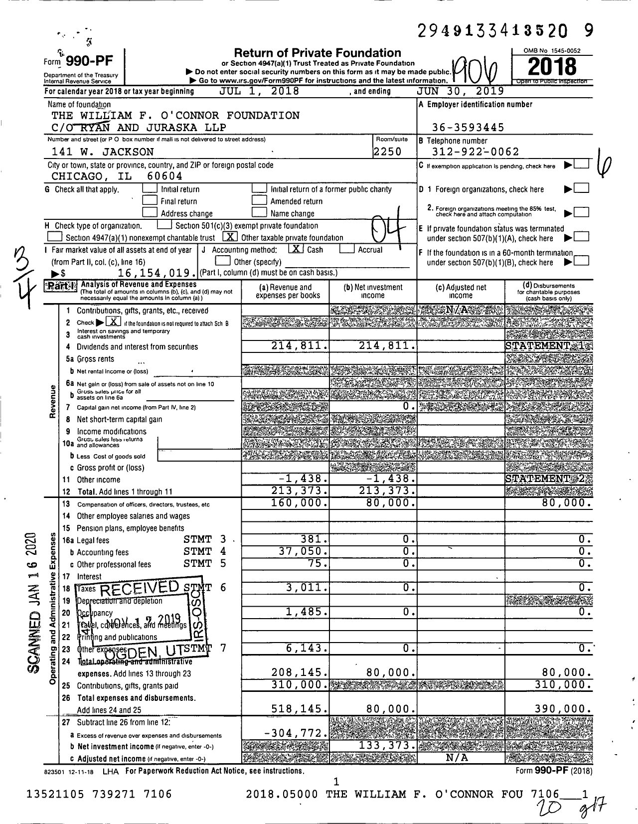 Image of first page of 2018 Form 990PF for The William F O'Connor Foundation