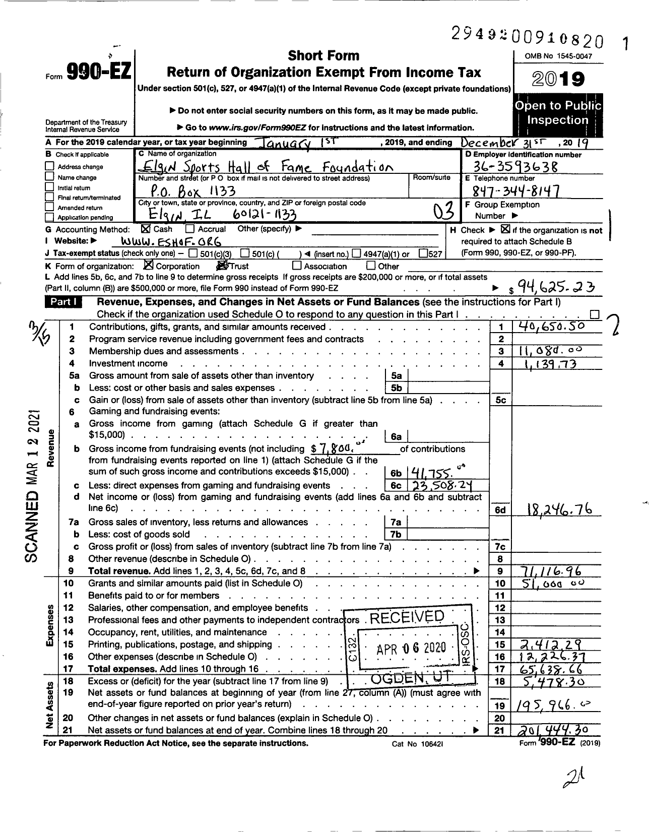 Image of first page of 2019 Form 990EZ for Elgin Sports Hall of Fame Foundation