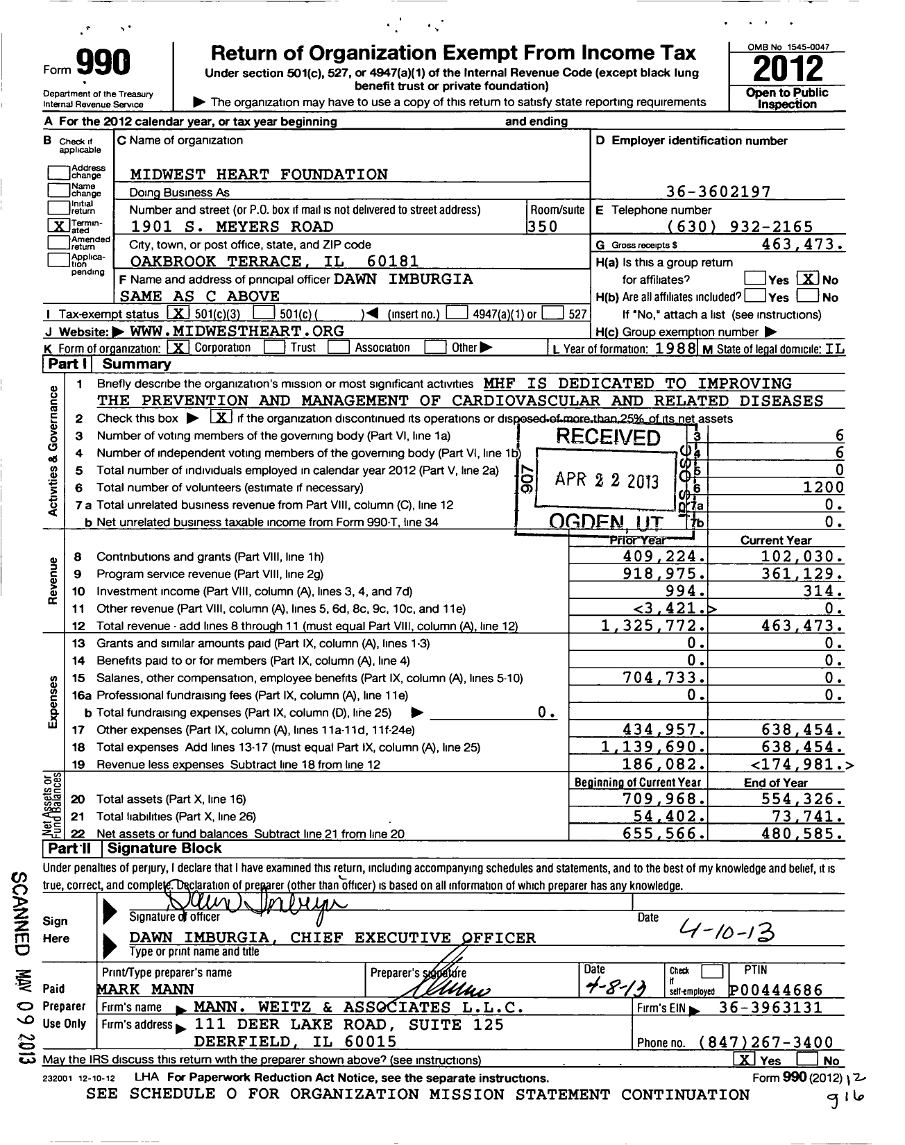 Image of first page of 2012 Form 990 for Midwest Heart Foundation