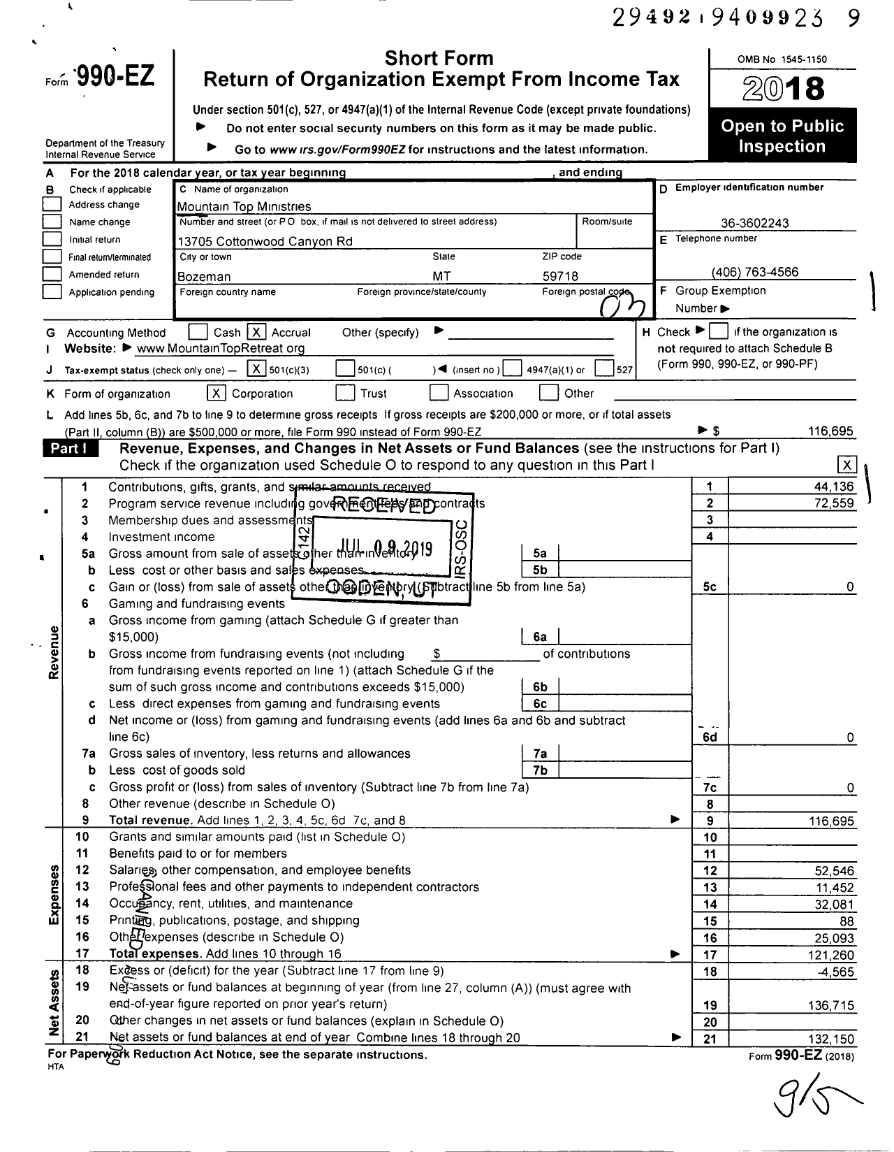 Image of first page of 2018 Form 990EZ for Mountain Top Ministries