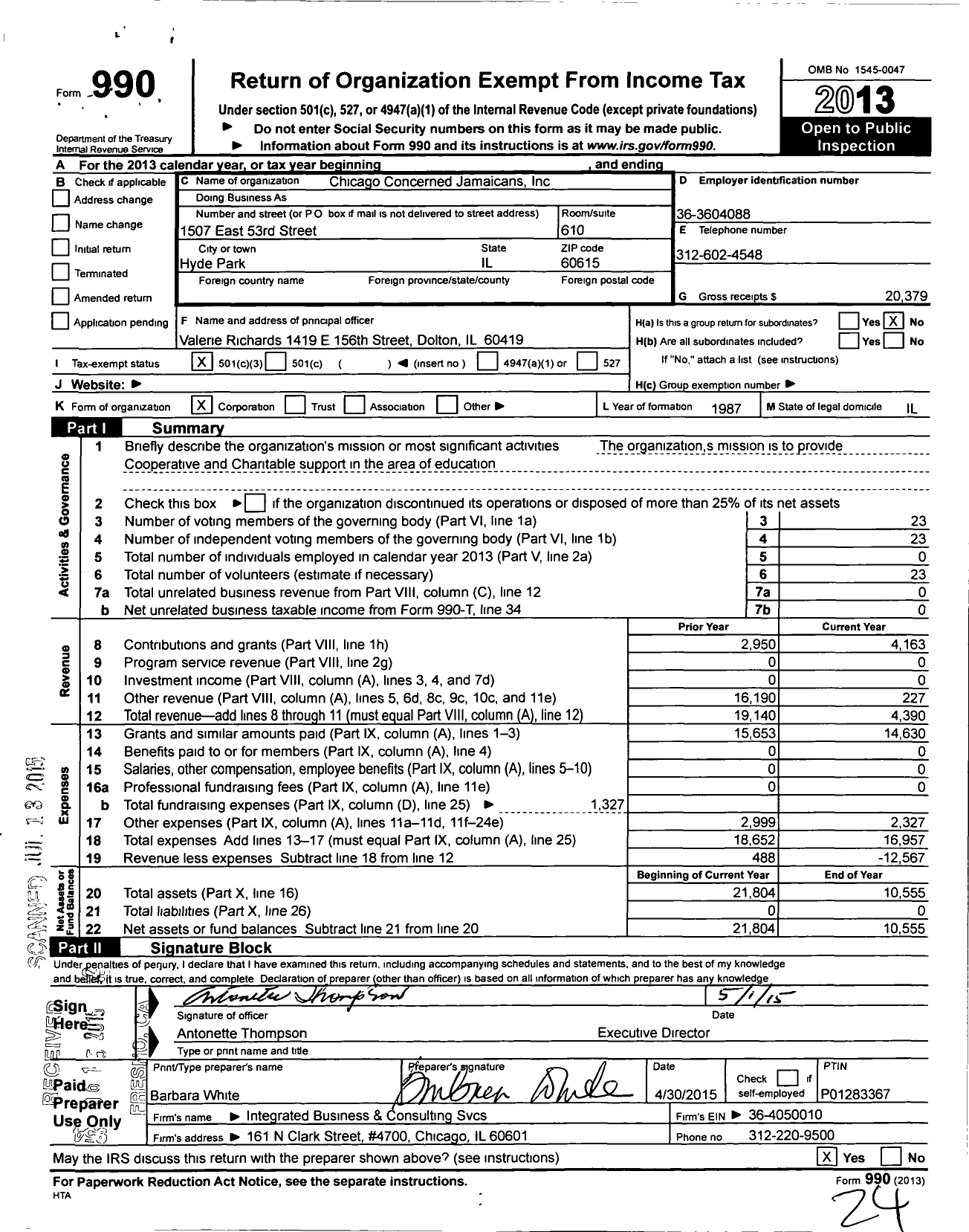 Image of first page of 2013 Form 990 for Chicago Concerned Jamaicans