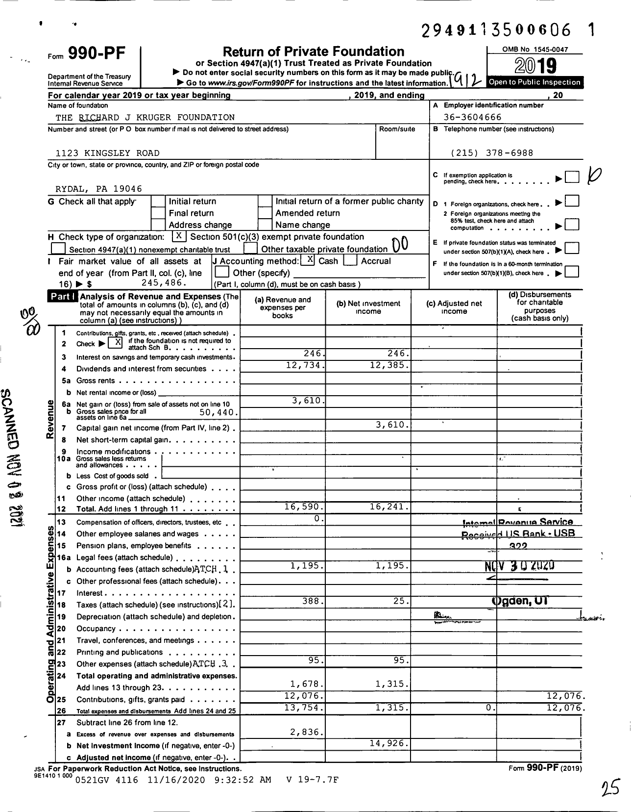 Image of first page of 2019 Form 990PF for Richard J Kruger Foundation