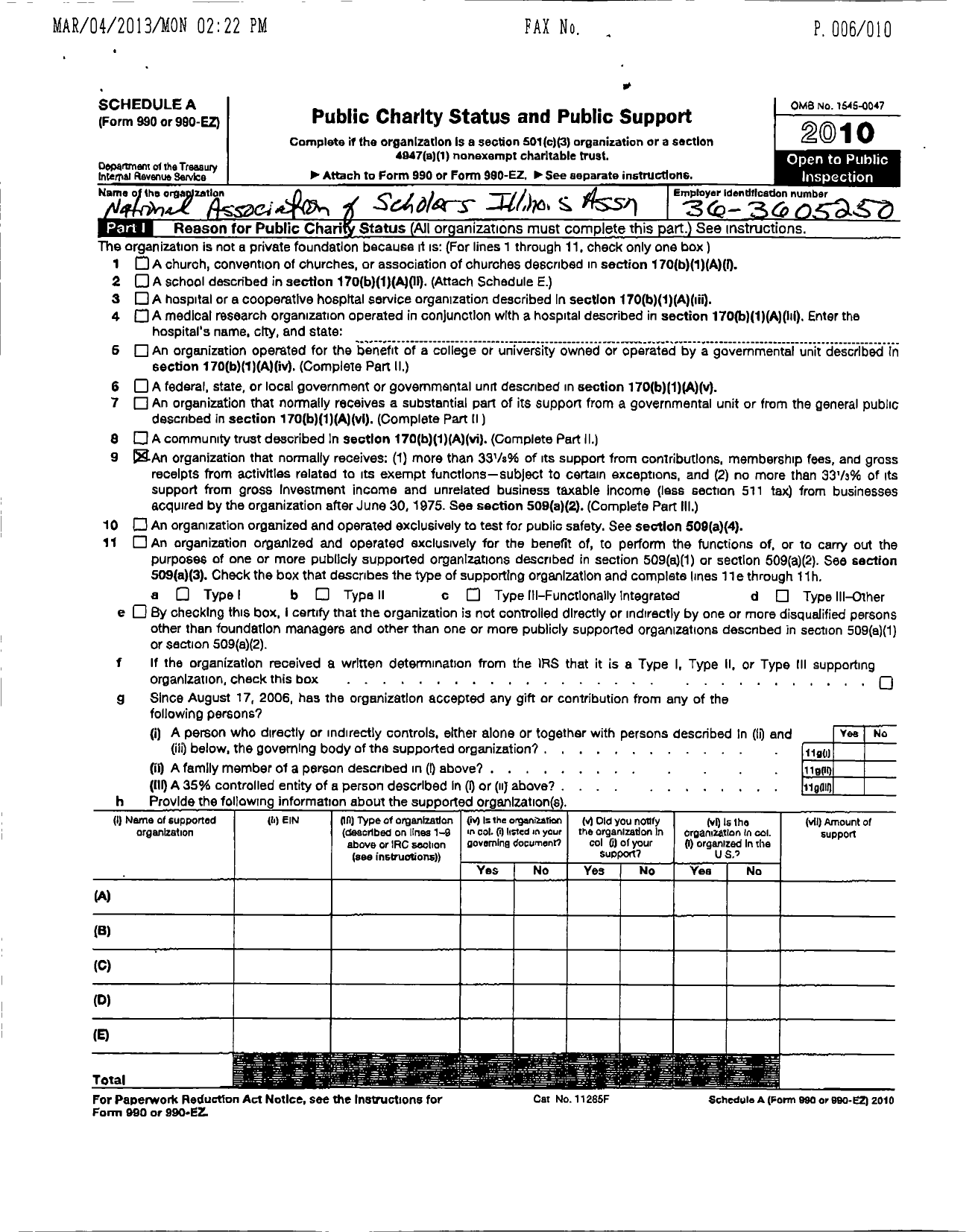 Image of first page of 2010 Form 990ER for National Association of Scholars