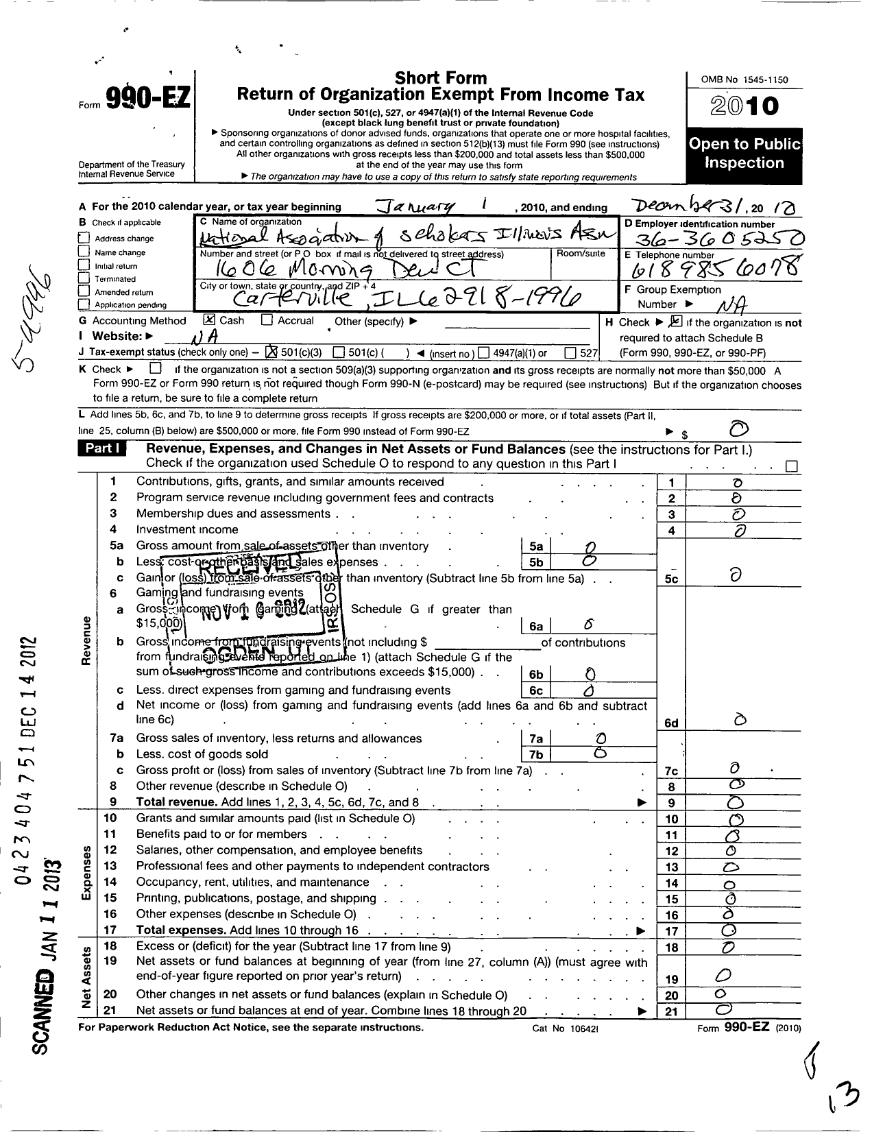 Image of first page of 2010 Form 990EZ for National Association of Scholars