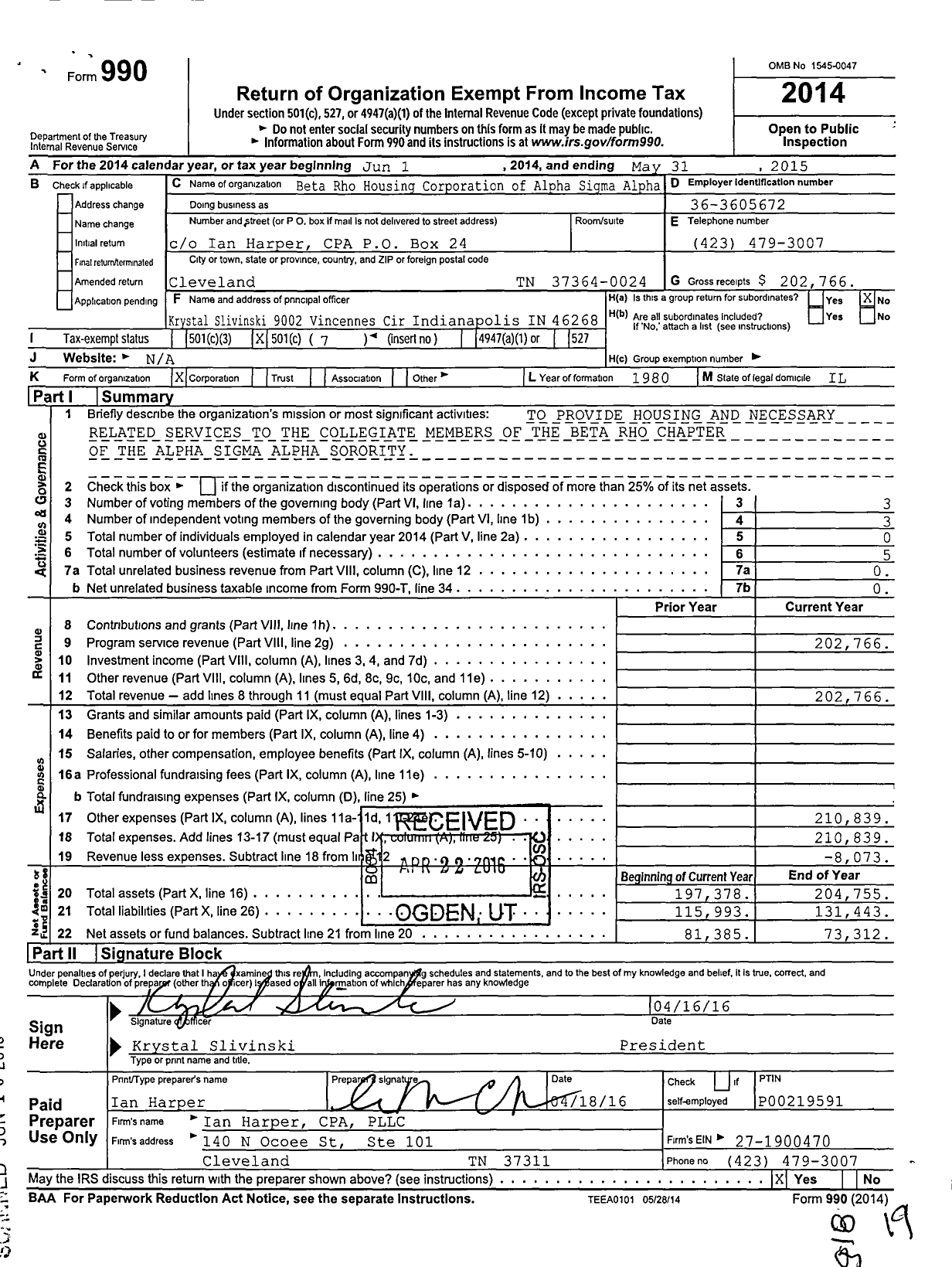 Image of first page of 2014 Form 990O for Beta Rho Housing Corporation Alpha Sigma Alpha