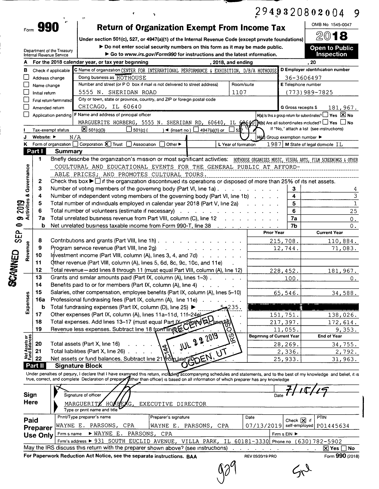 Image of first page of 2018 Form 990 for Hothouse