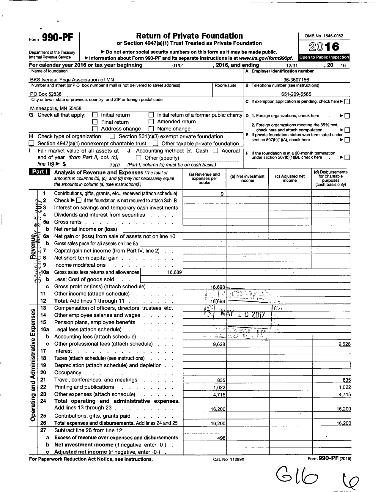 Image of first page of 2016 Form 990PF for B K S Iyengar Association of the Upper Midwest