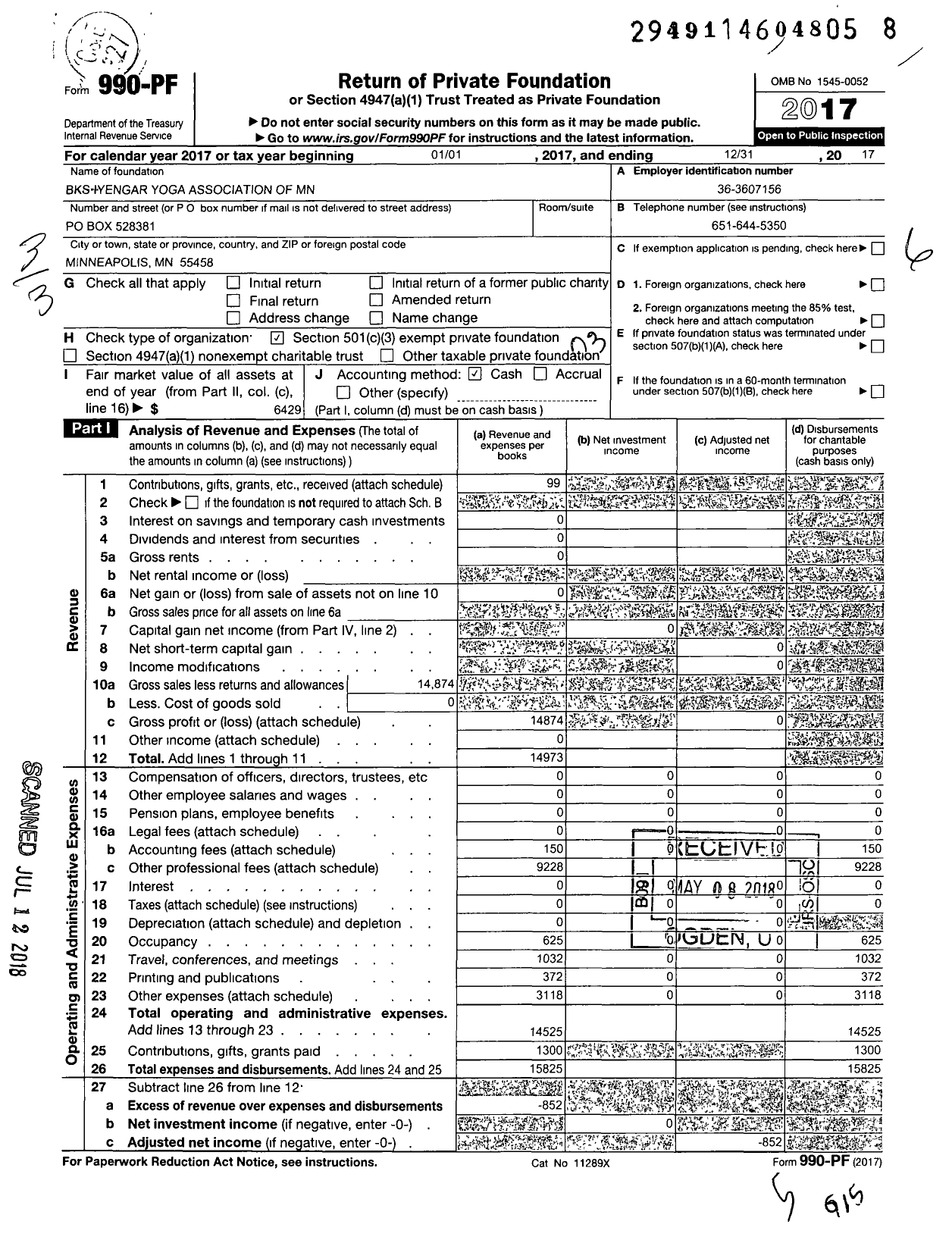 Image of first page of 2017 Form 990PF for B K S Iyengar Association of the Upper Midwest