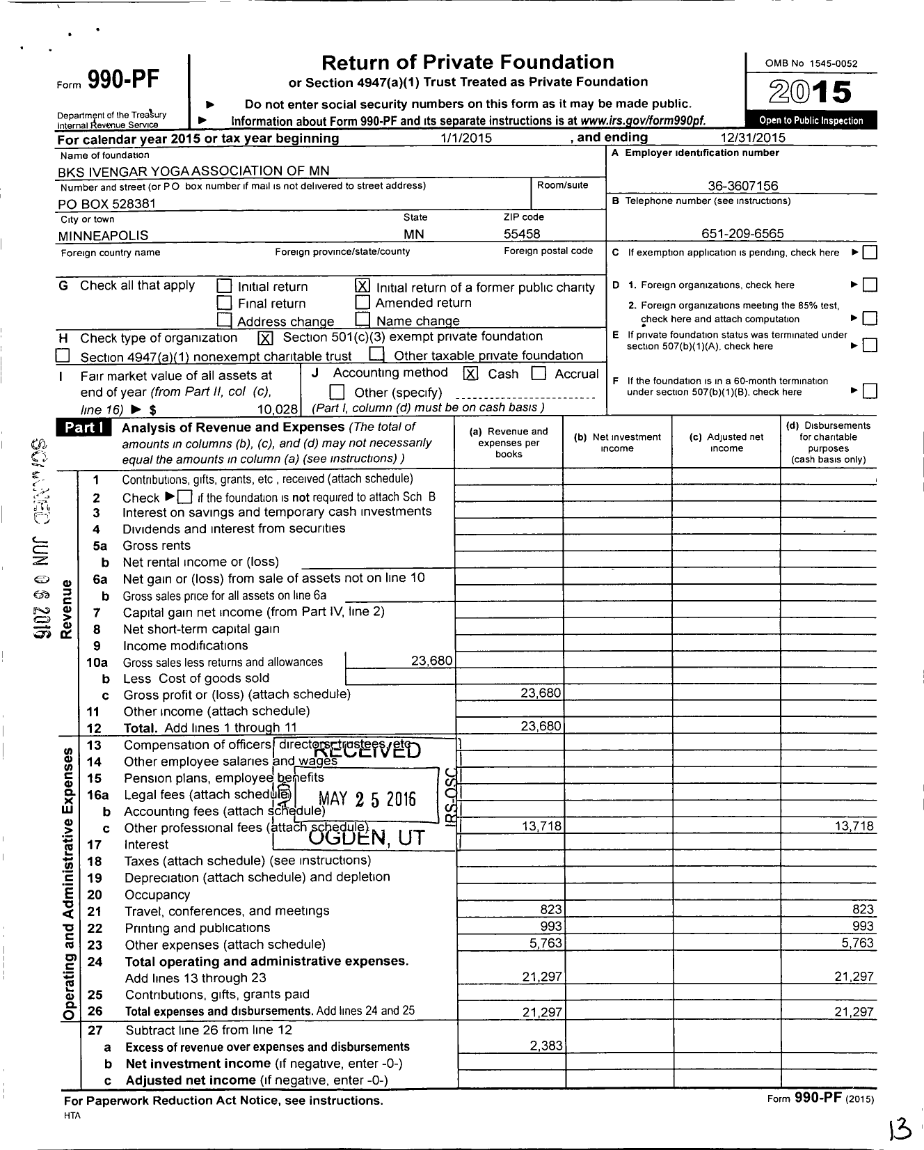 Image of first page of 2015 Form 990PF for B K S Iyengar Association of the Upper Midwest