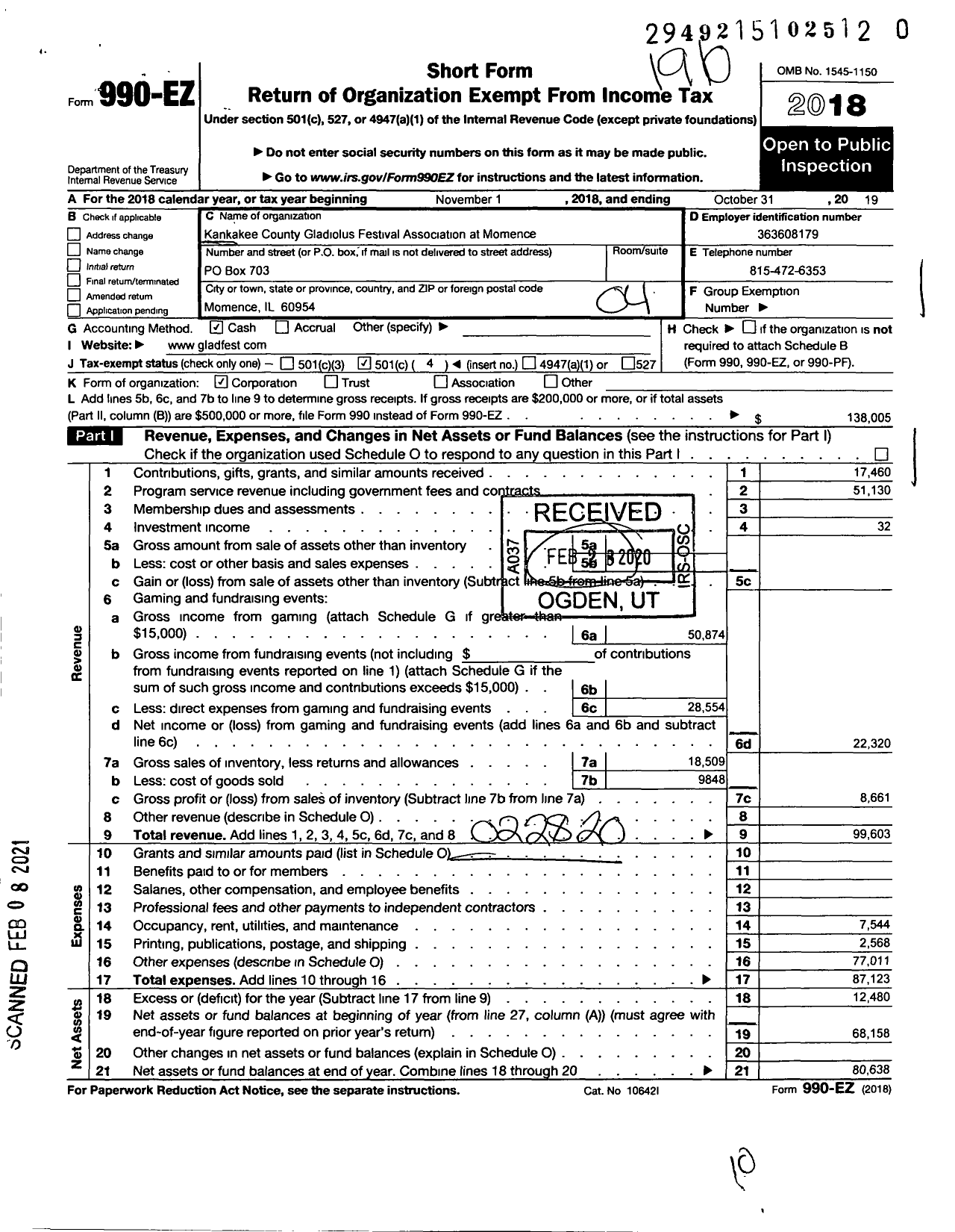 Image of first page of 2018 Form 990EO for Kankakee County Gladiolus Festival Association at Momence