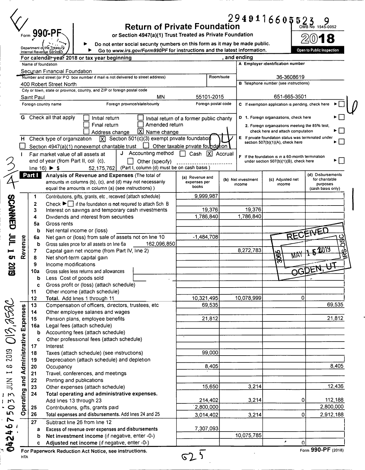 Image of first page of 2018 Form 990PF for Securian Foundation