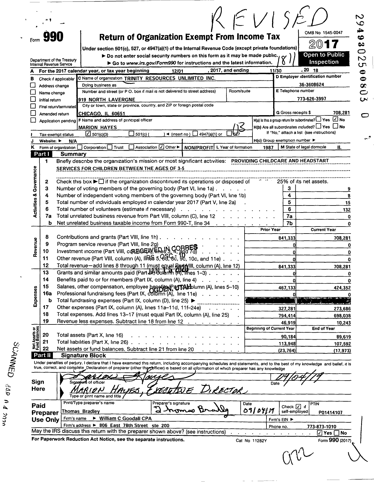 Image of first page of 2017 Form 990 for Trinity Resources Unlimited