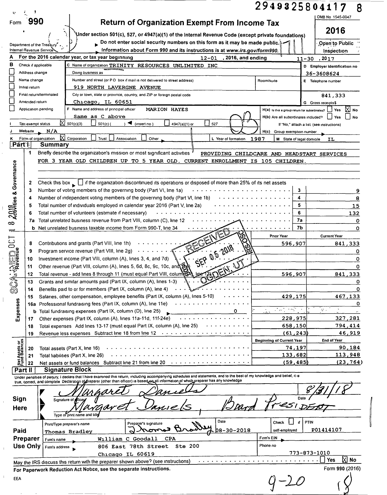 Image of first page of 2016 Form 990 for Trinity Resources Unlimited