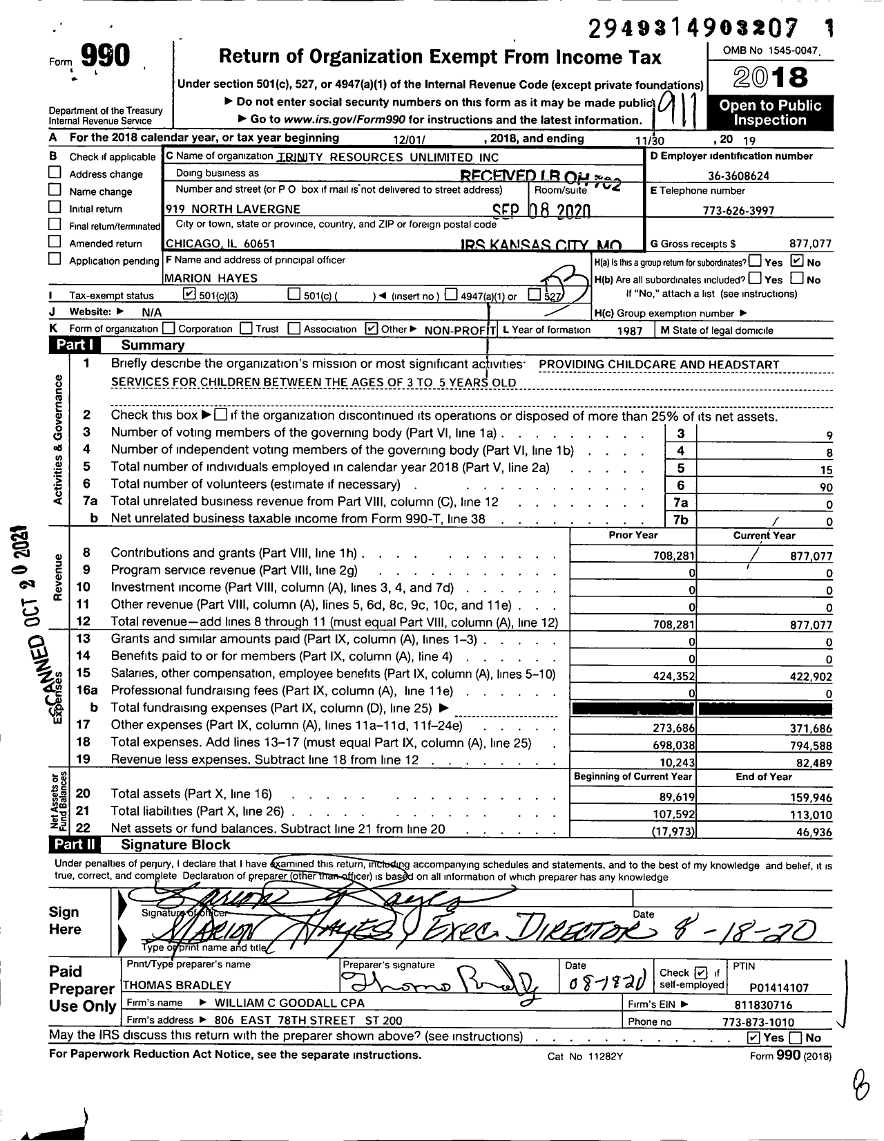 Image of first page of 2018 Form 990 for Trinity Resources Unlimited